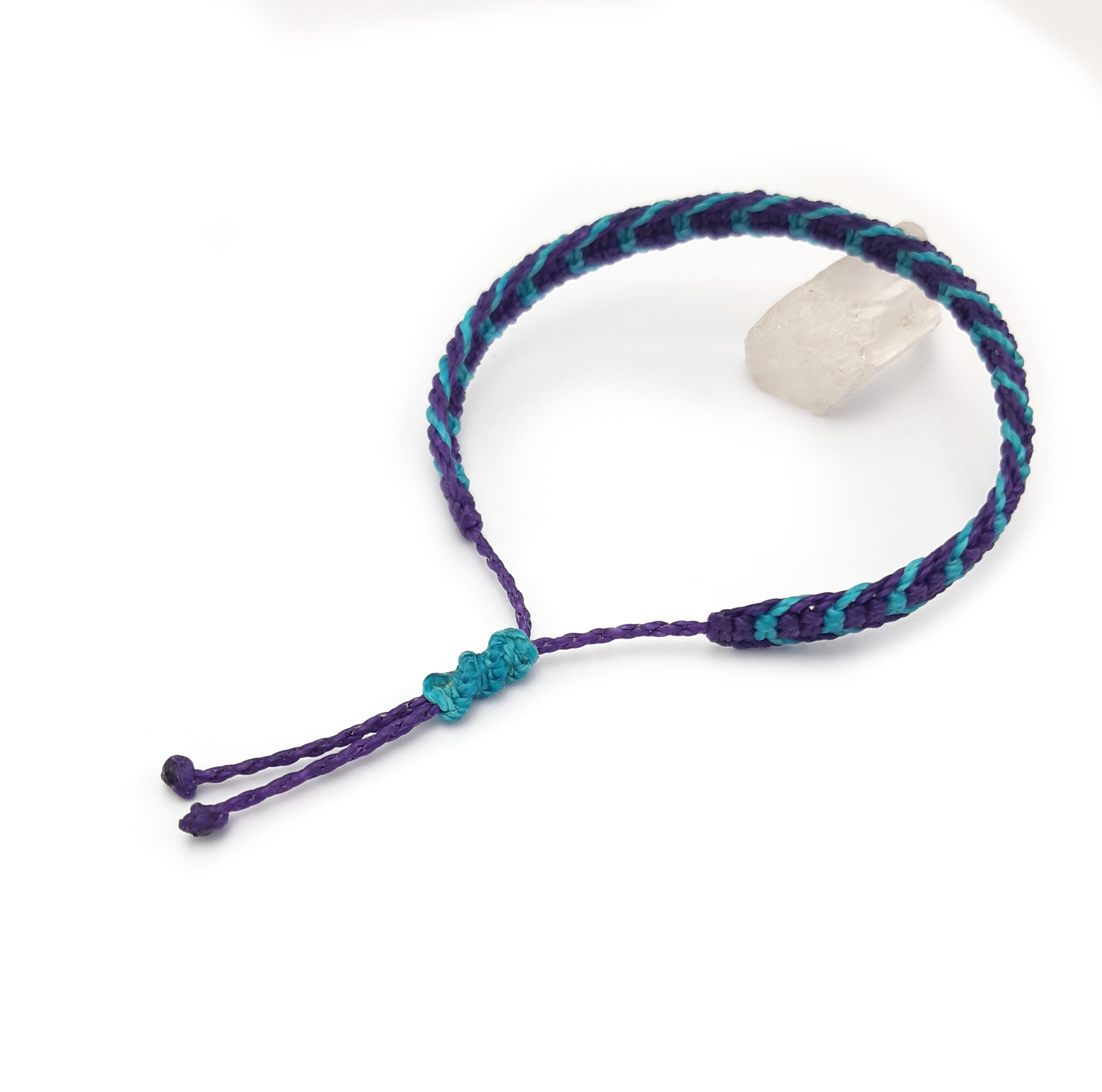  Bracelet Violet & Bleu Turquoise Modèle Plat Tissé Main Avec du Fil Ciré. Ajustable & Résistant à l'eau. 