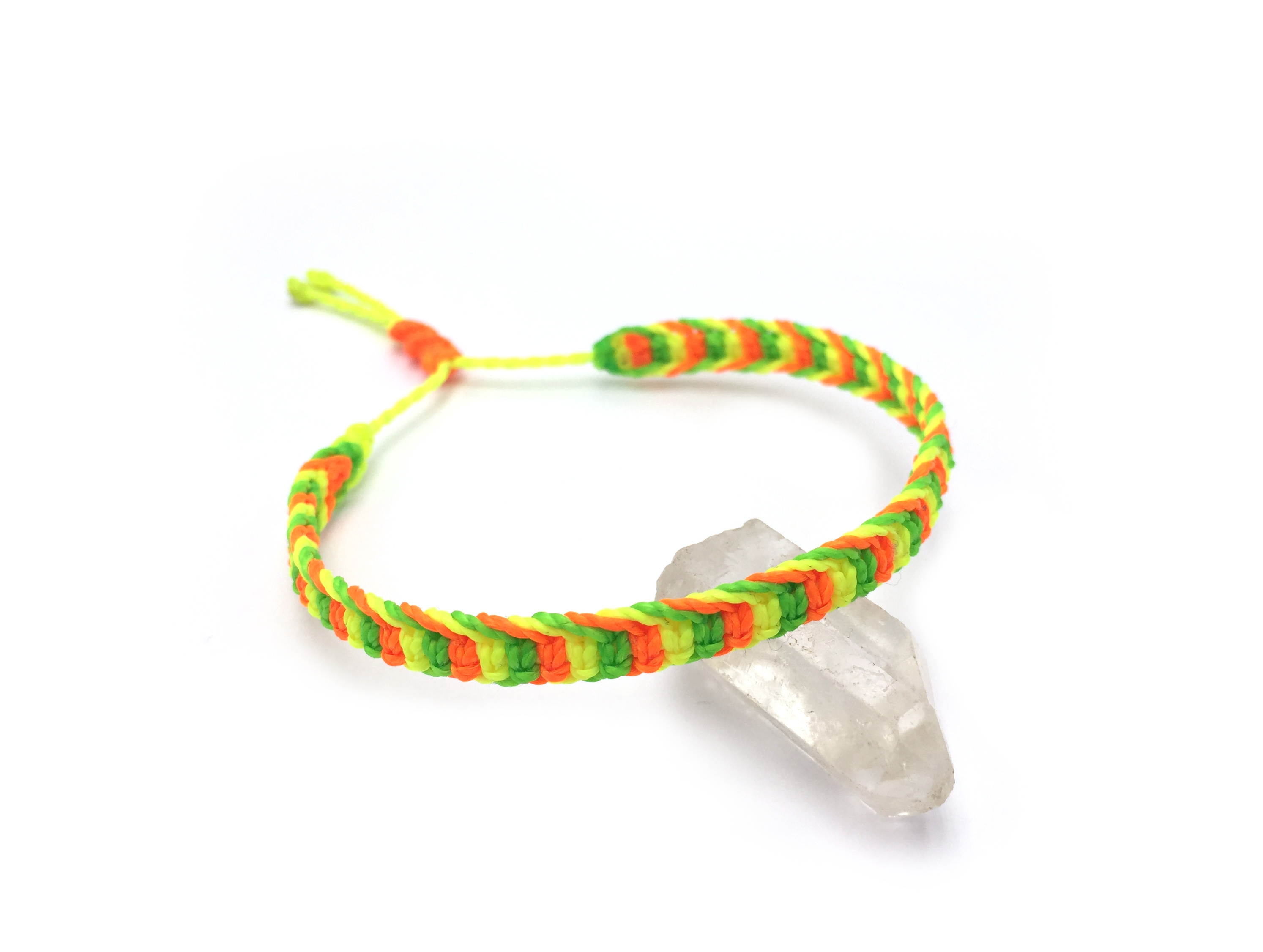  Bracelet Jaune Fluo Vert Fluo & Orange Fluo Modèle Plat Tissé Main Avec Du Fil Ciré. Ajustable & Résistant à l'eau.