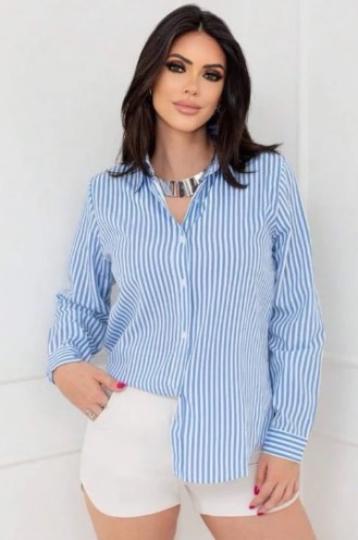 Camisa Social Listrada Manga Longa Feminina Casual Com Botões