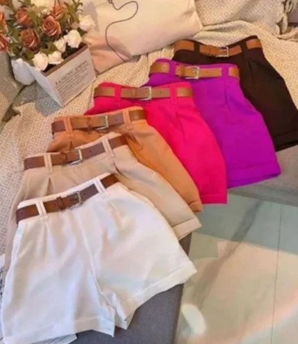 Short Alfaiataria Feminino Social Cintura Alta Com Cinto Com Bolso