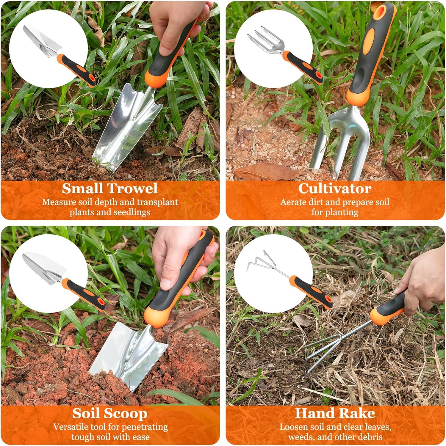 Juego de herramientas de jardinería de acero inoxidable resistente, con agarre de goma antideslizante, bolsa de almacenamiento, herramientas de mano al aire libre, regalos de jardinería