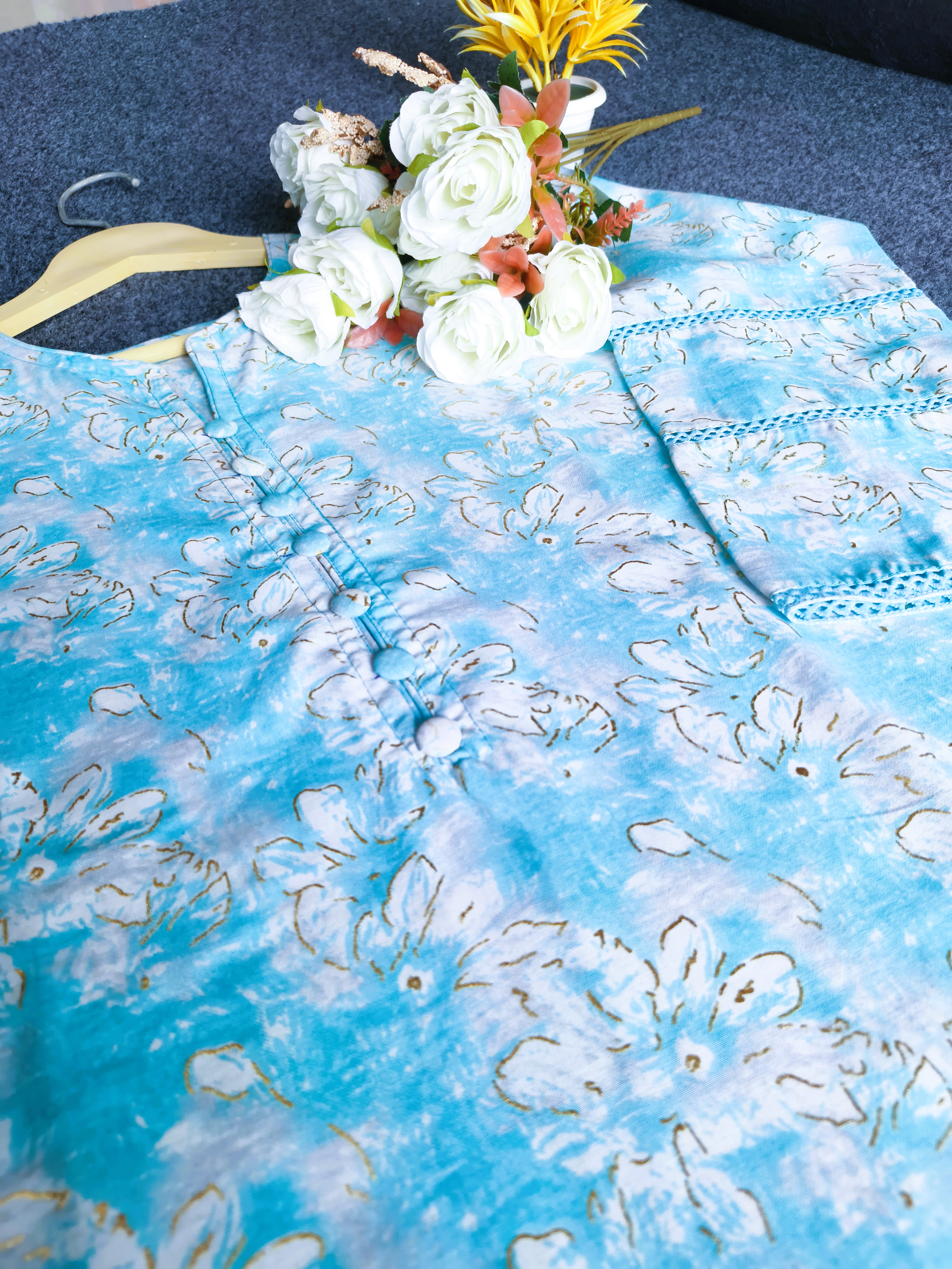 Sky Blue Printed Fabric With Golden Foil Work