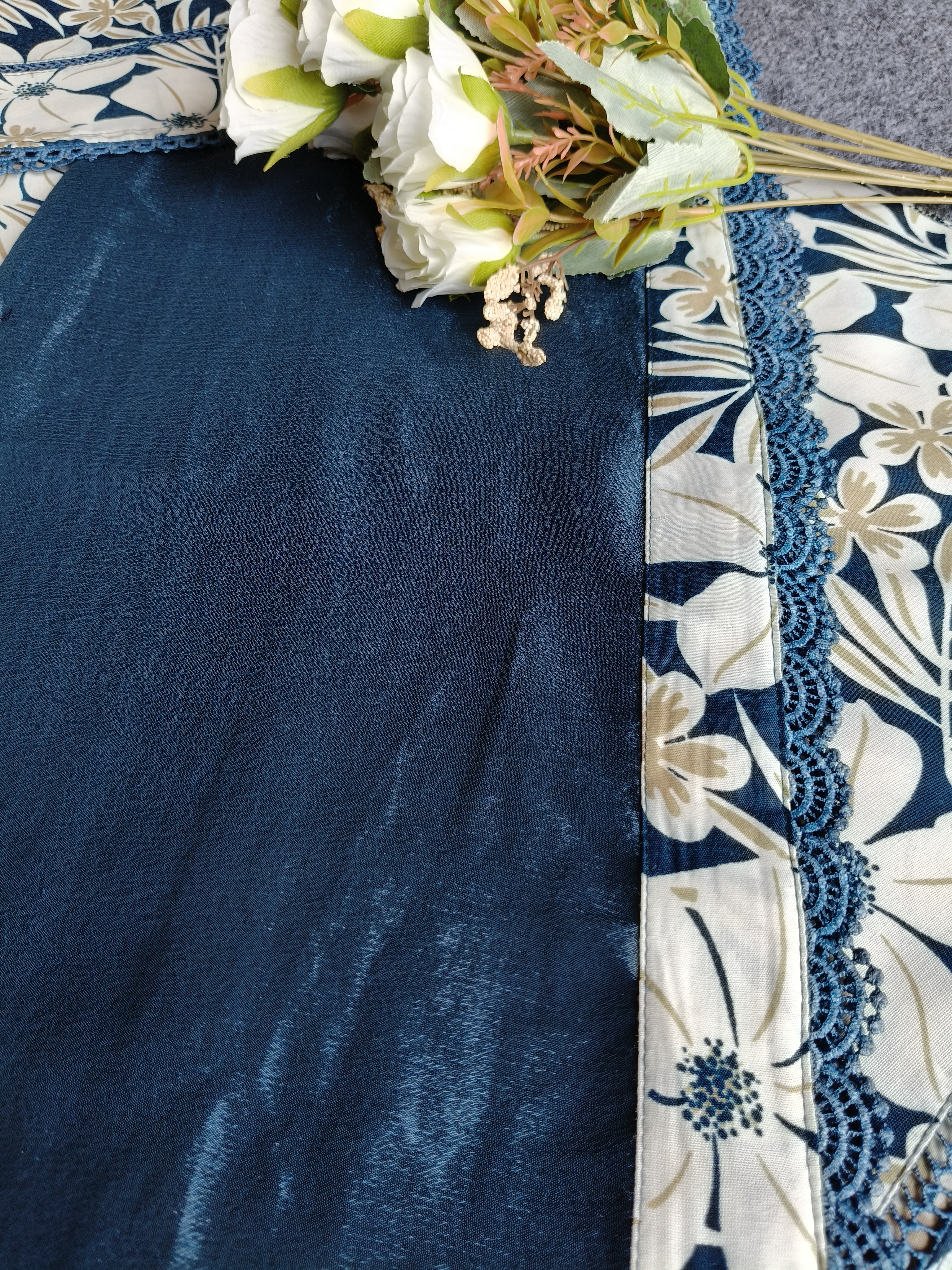 Blue Printed Fabric With Lily Print Work