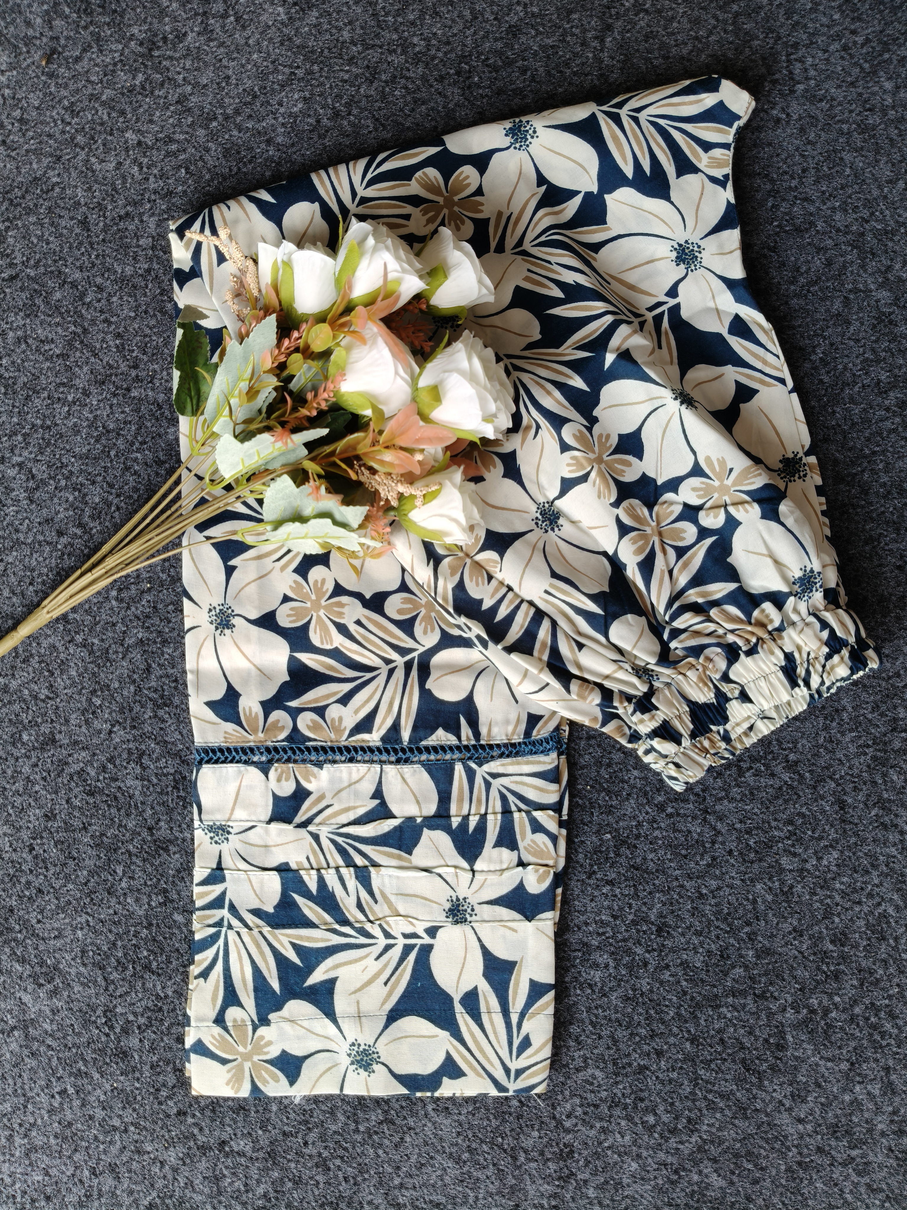 Blue Printed Fabric With Lily Print Work