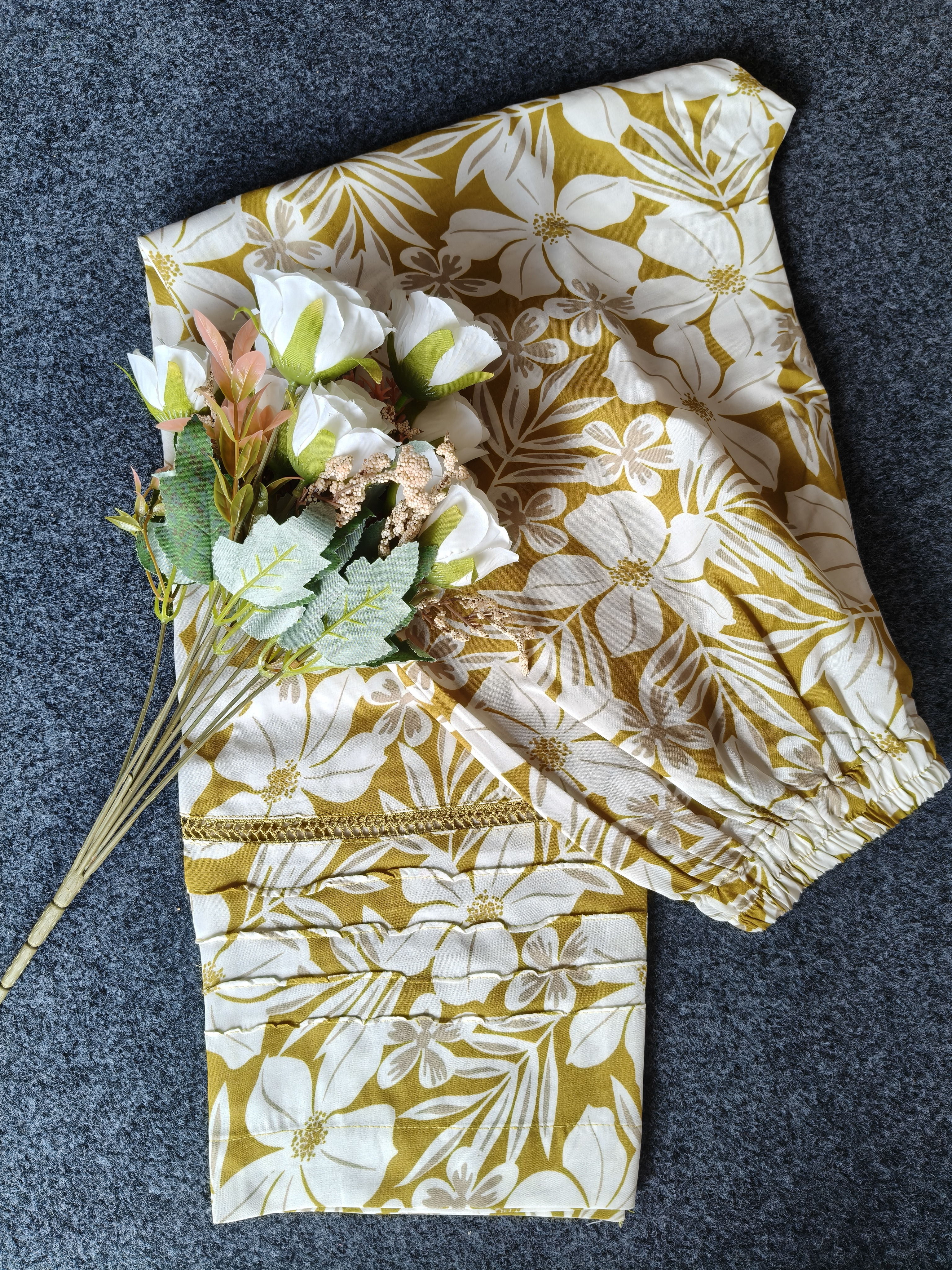 Mehandi Printed Fabric With Lily Print Work