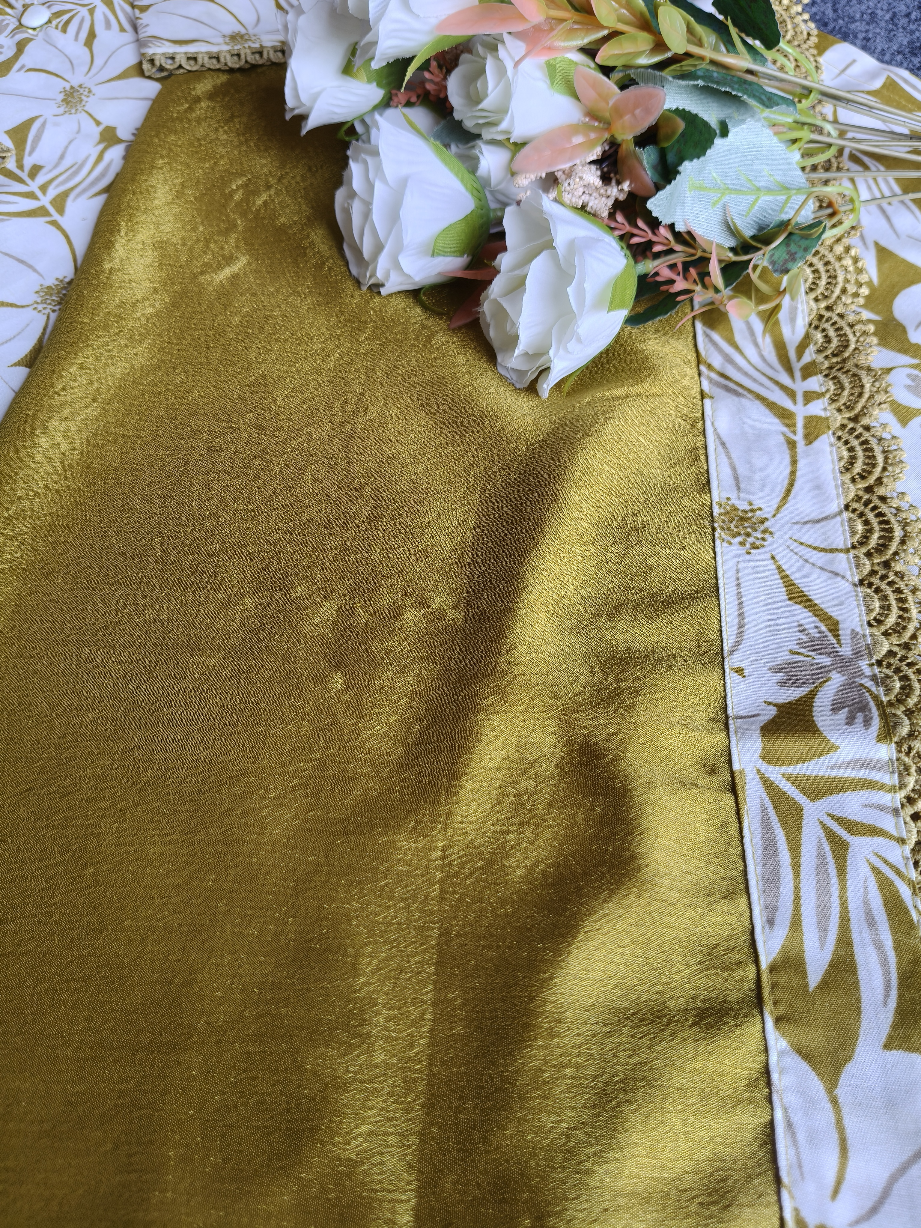Mehandi Printed Fabric With Lily Print Work