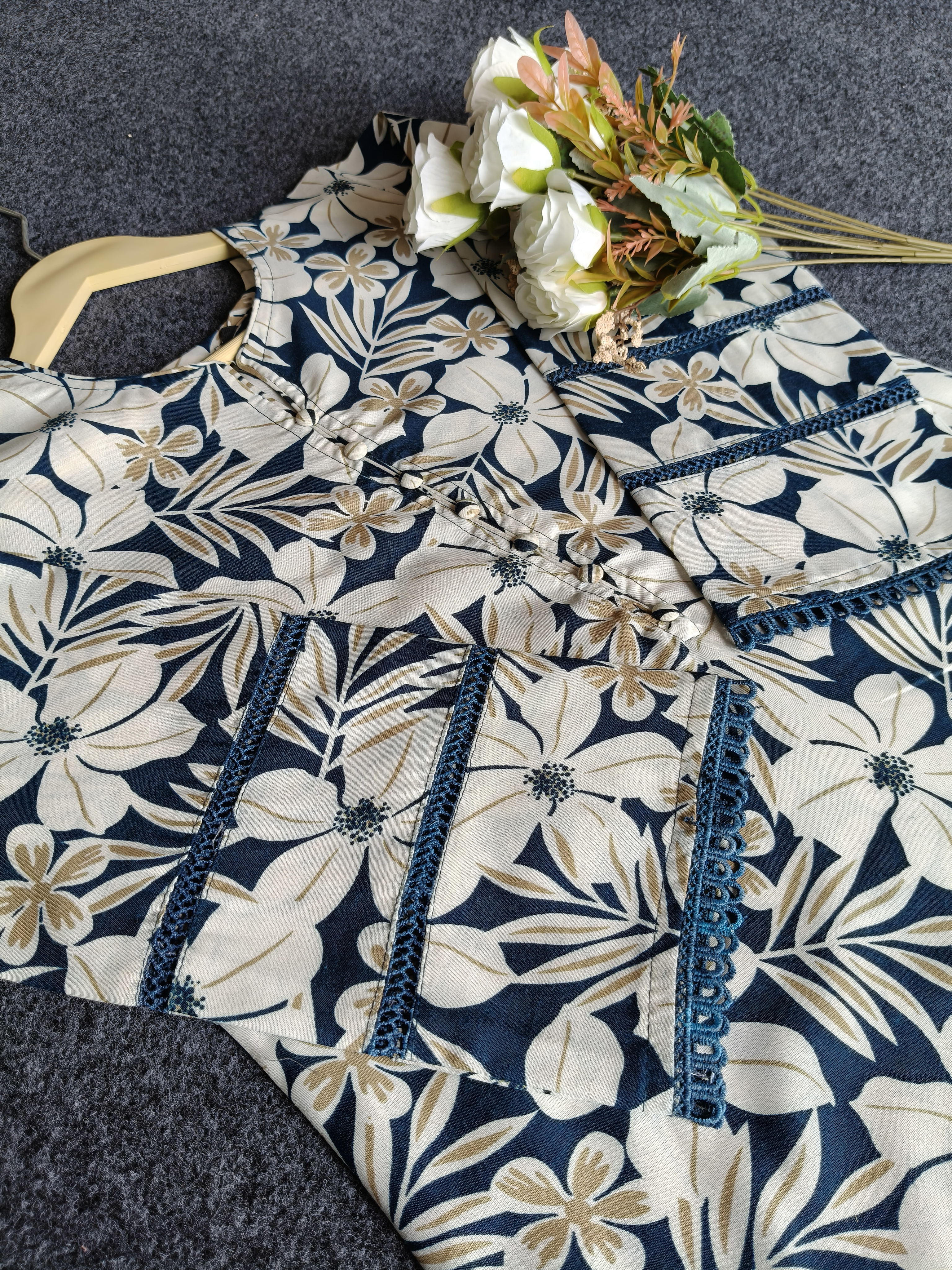 Blue Printed Fabric With Lily Print Work