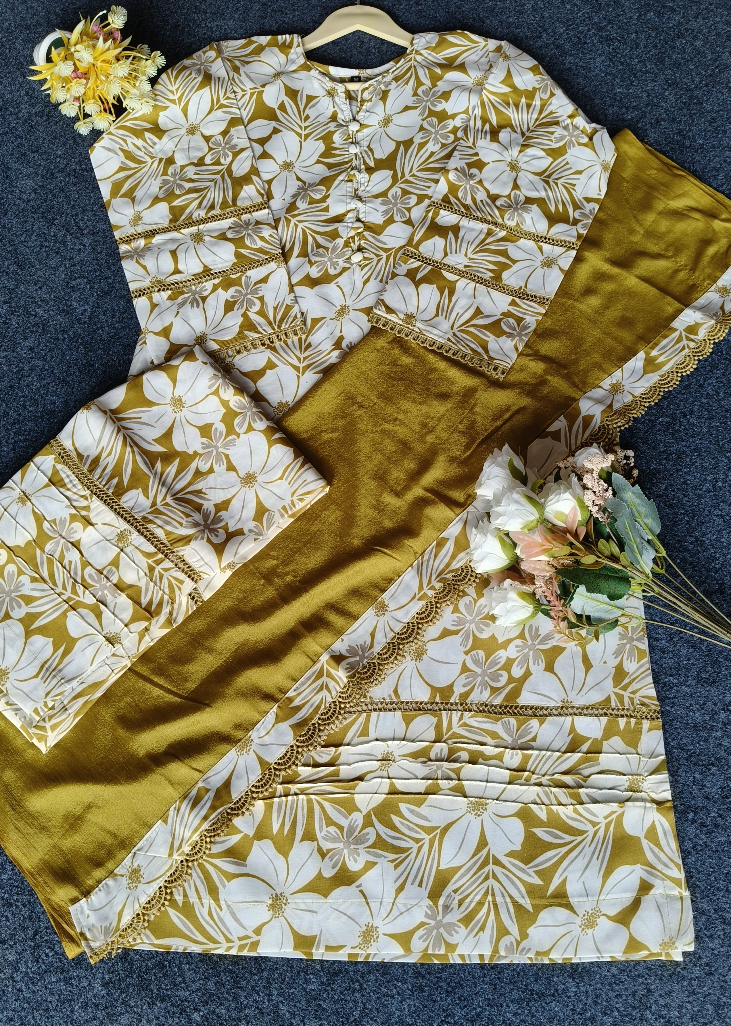 Mehandi Printed Fabric With Lily Print Work