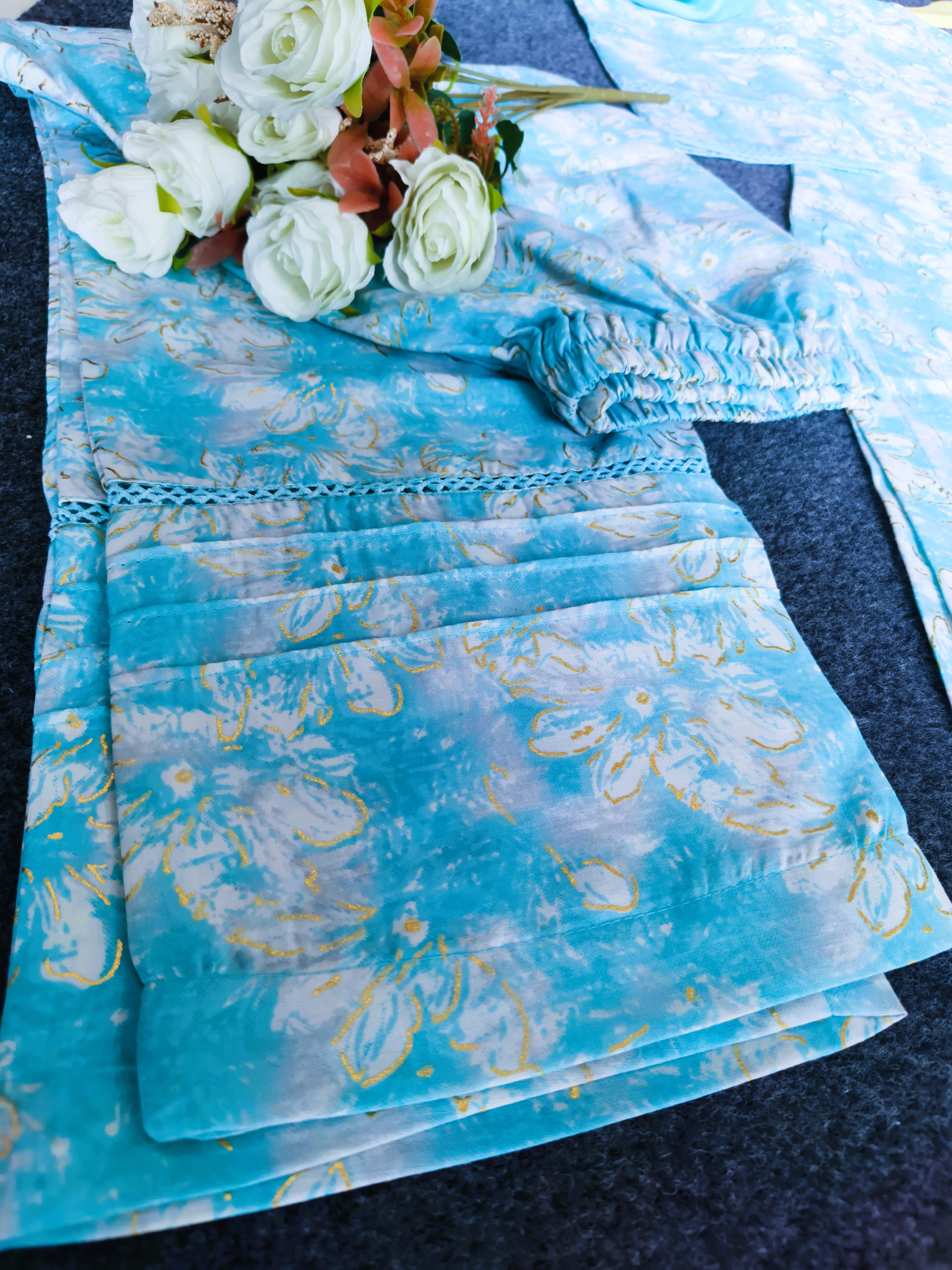 Sky Blue Printed Fabric With Golden Foil Work