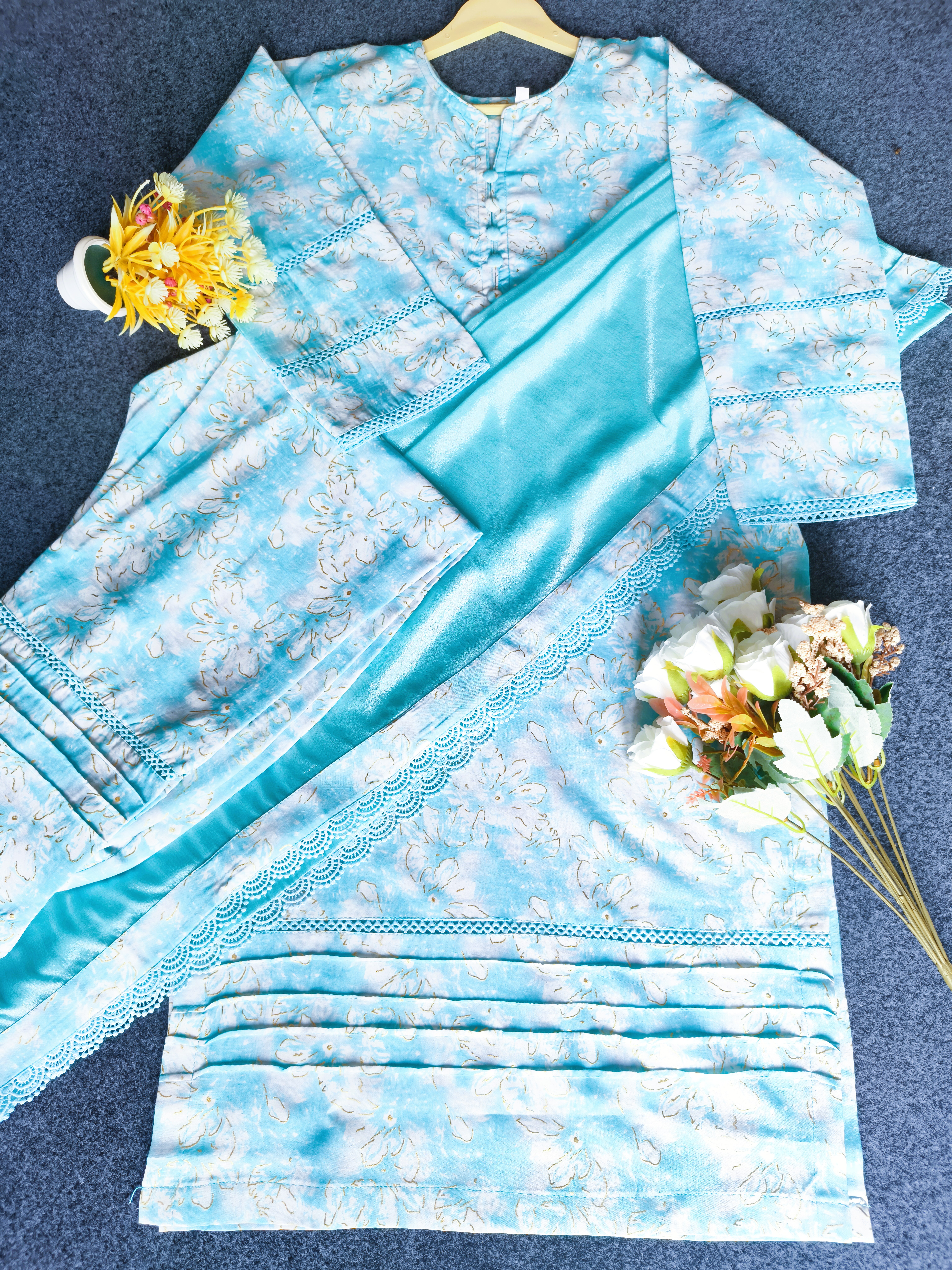 Sky Blue Printed Fabric With Golden Foil Work
