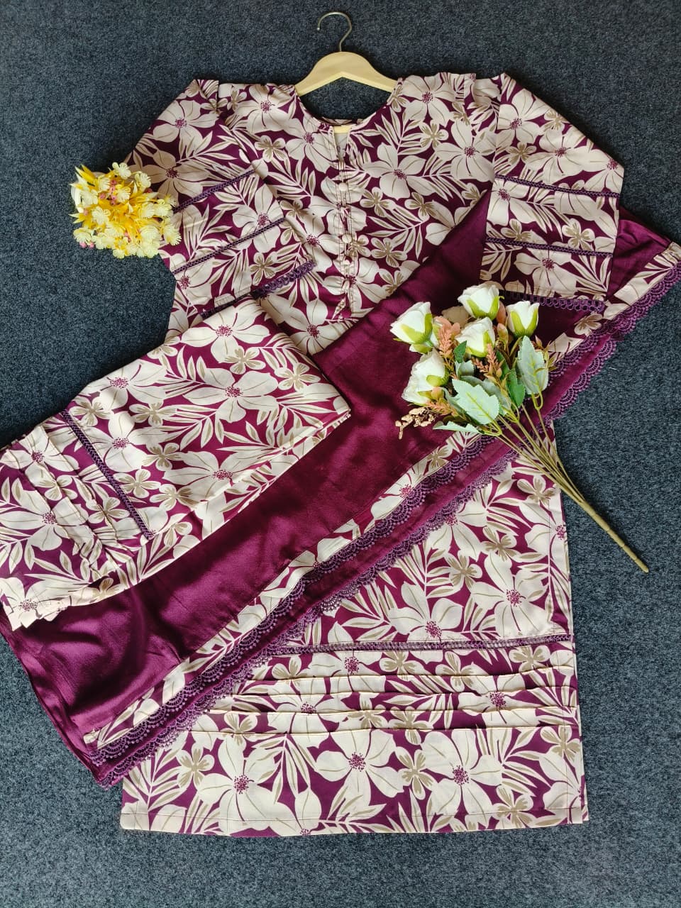 Purple Printed Fabric With Lily Print Work
