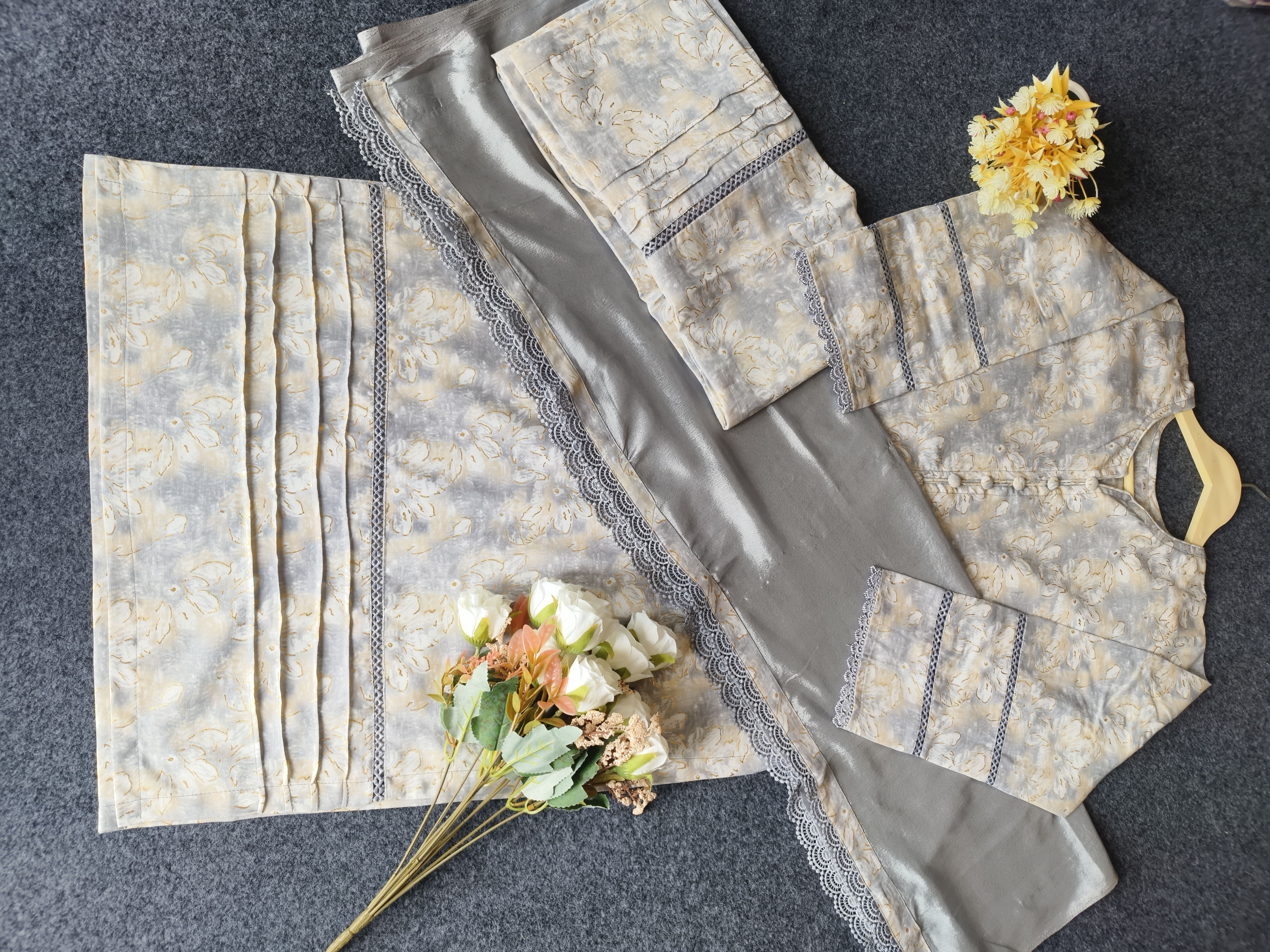 Grey Printed Fabric With Golden Foil Work