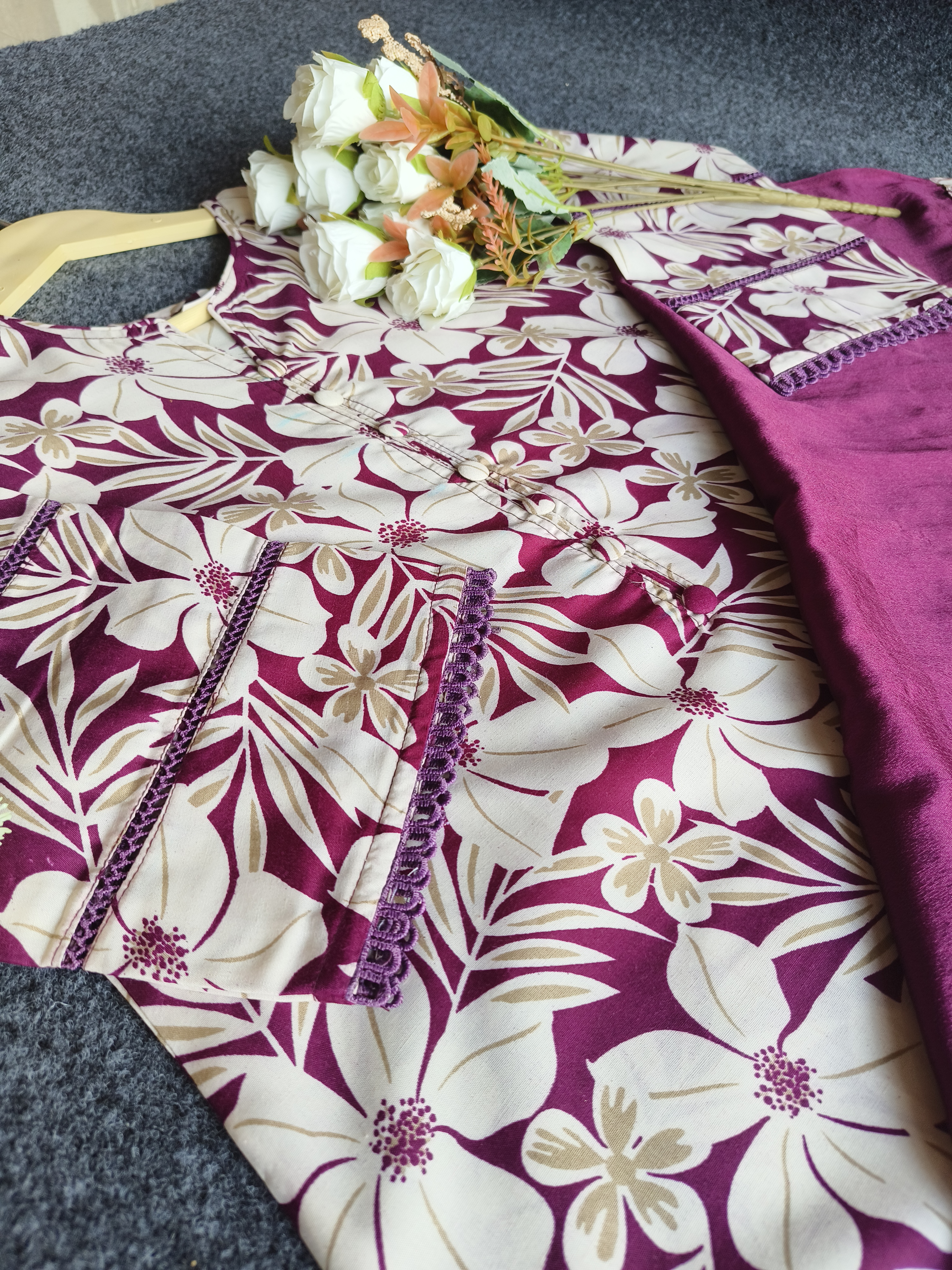 Purple Printed Fabric With Lily Print Work