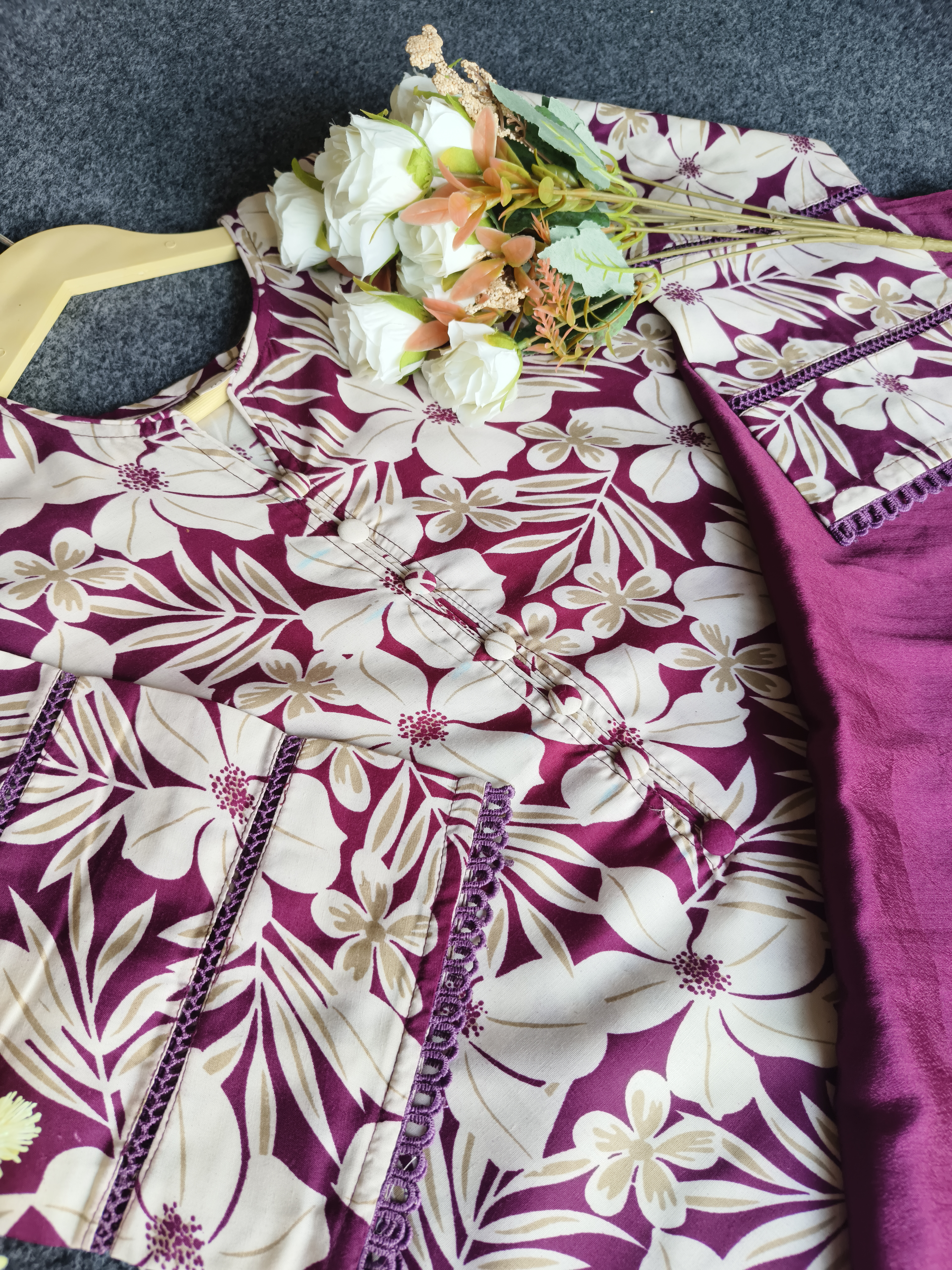 Purple Printed Fabric With Lily Print Work