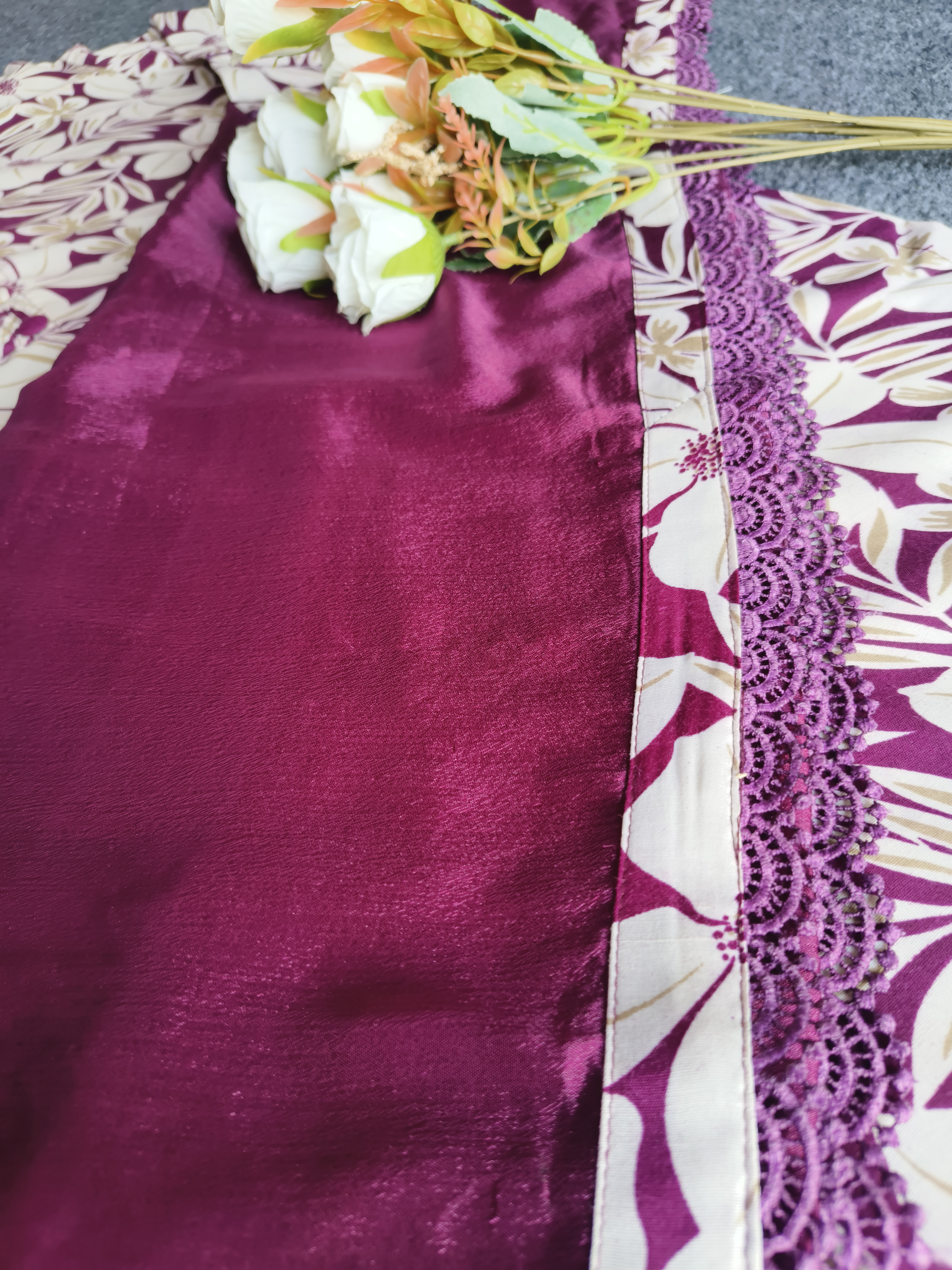 Purple Printed Fabric With Lily Print Work