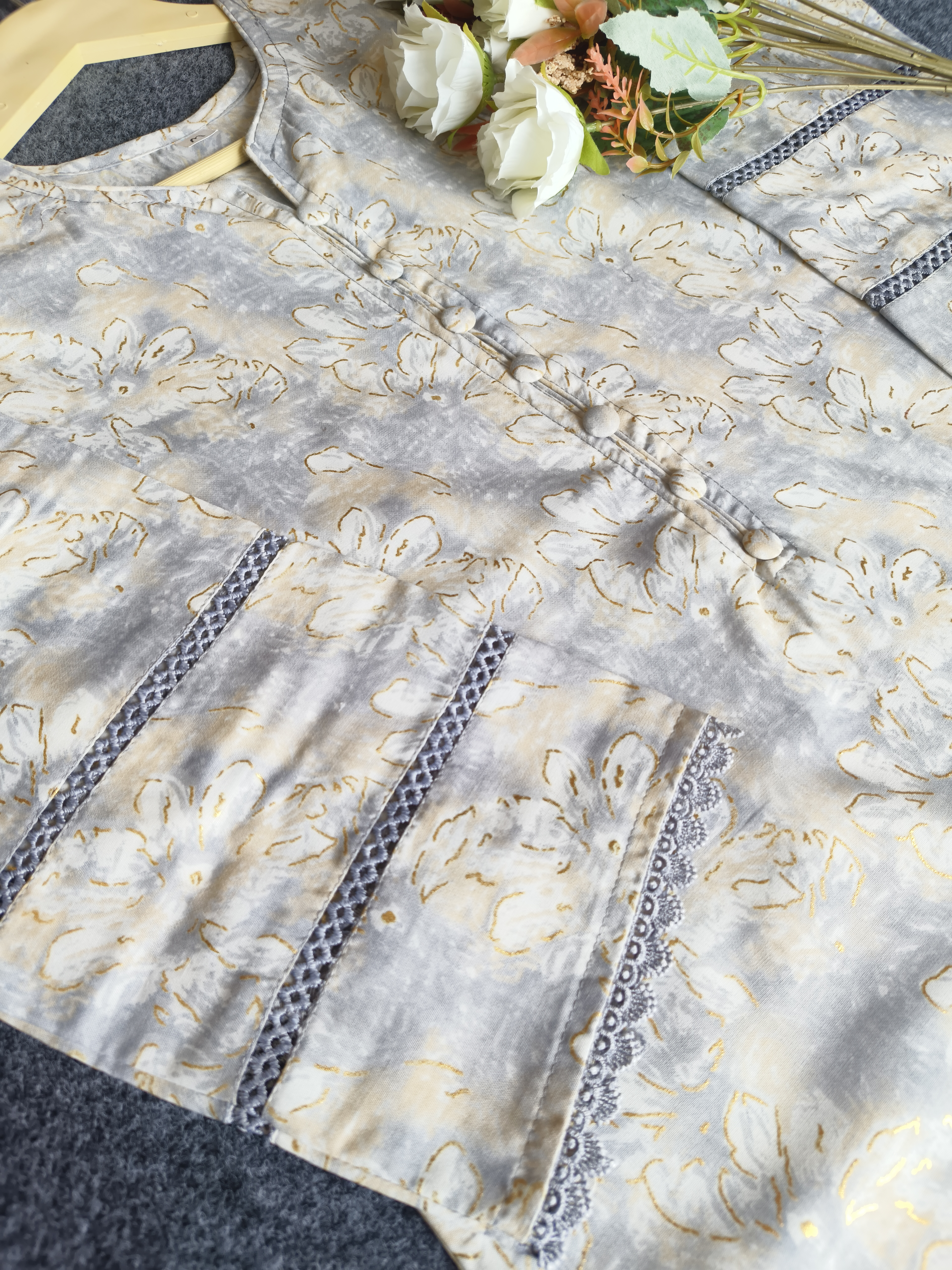 Grey Printed Fabric With Golden Foil Work