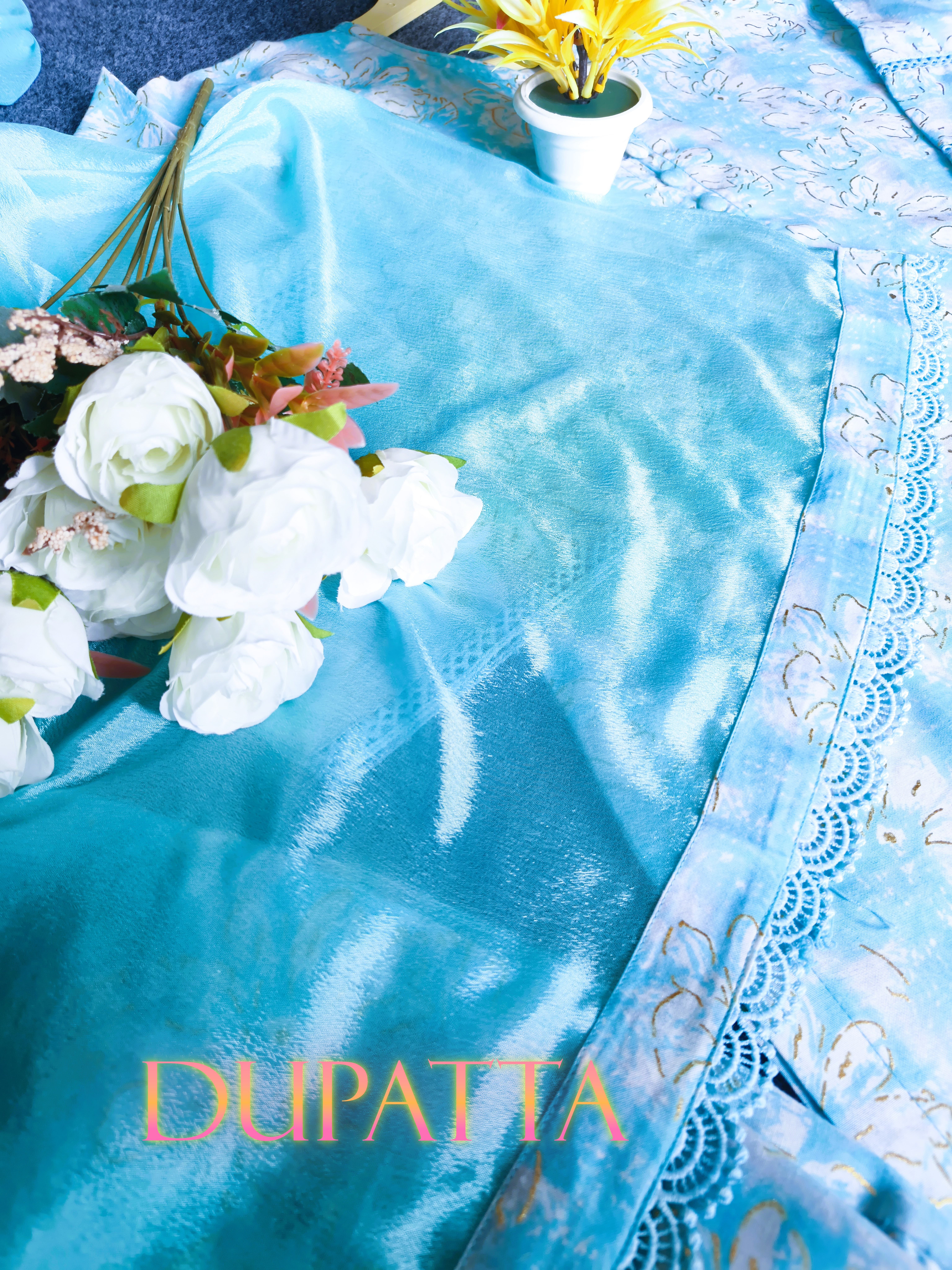 Sky Blue Printed Fabric With Golden Foil Work