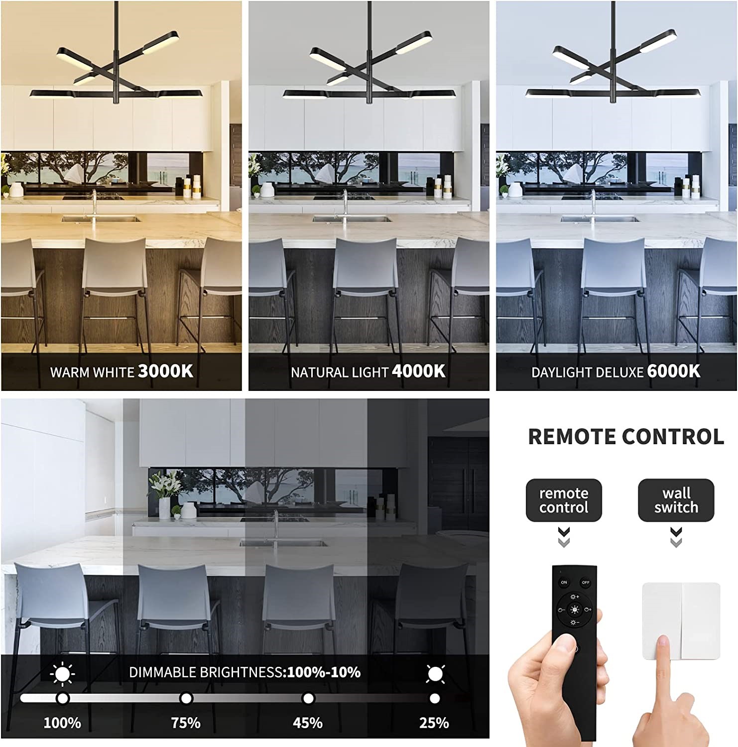OKELI Black Chandelier, Modern Ceiling lsland Light Fixture, 6-Light Dimmable 3000K-6000K  OKELI Black Chandelier, Modern Ceiling lsland Light Fixture, 6-Light Dimmable 