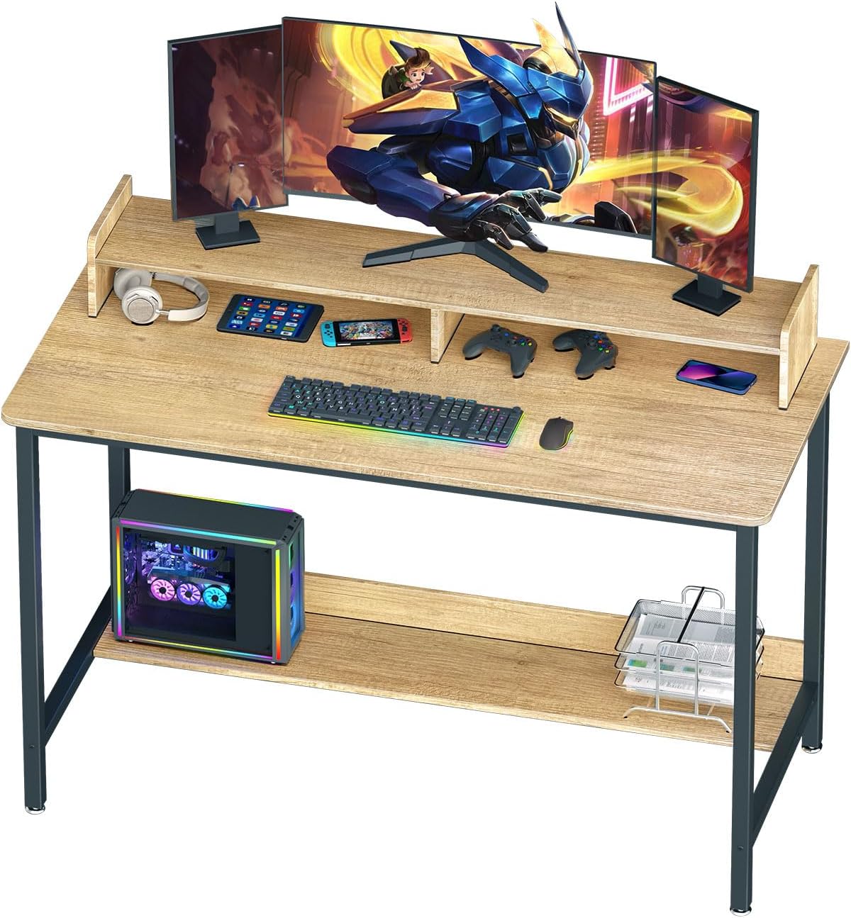 WOODYNLUX Computer Gaming Desk with Shelves, 43 Inch Writing Desk, Study PC Table Workstation