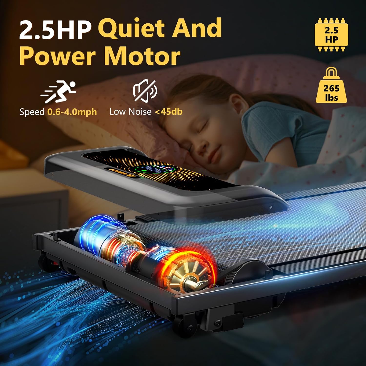 Airhot Under Desk Treadmill, Walking Pad W/ Incline 2.5HP Portable Treadmills 265LB Capacity