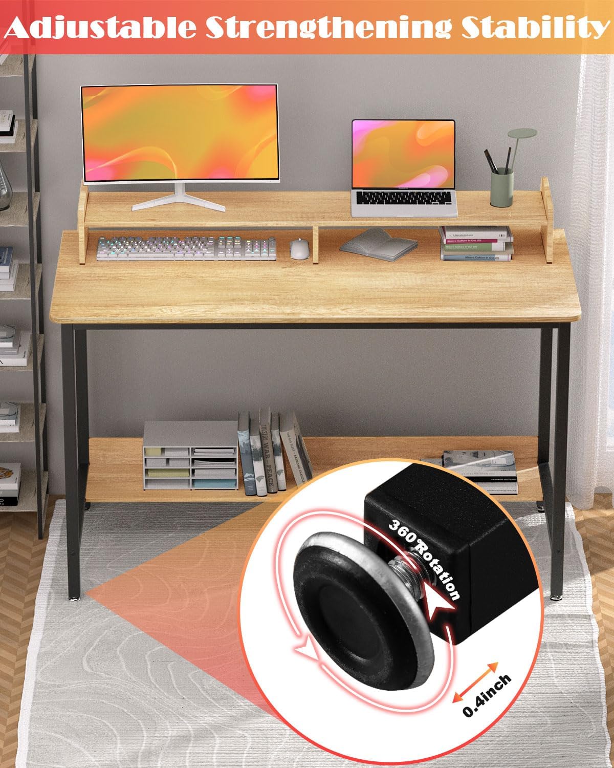 WOODYNLUX Computer Gaming Desk with Shelves, 43 Inch Writing Desk, Study PC Table Workstation