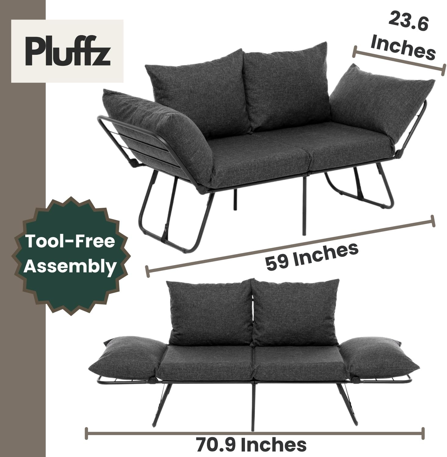 Pluffz Modern Folding Futon Sofa Bed Convertible Recliner Lounge, Adjustable Armrests