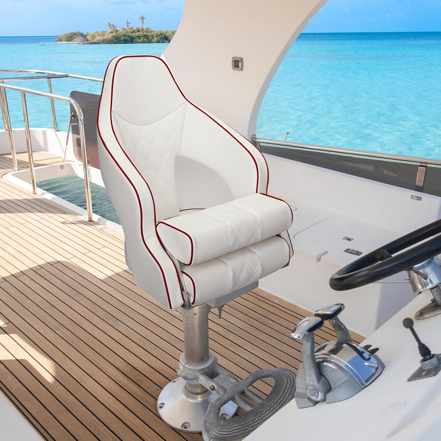 ERGOSEAT Deluxe Pro High Back Boat Seat Premium Sports Flip Up Captain Boat Seat with Armrests (White/White/Red)