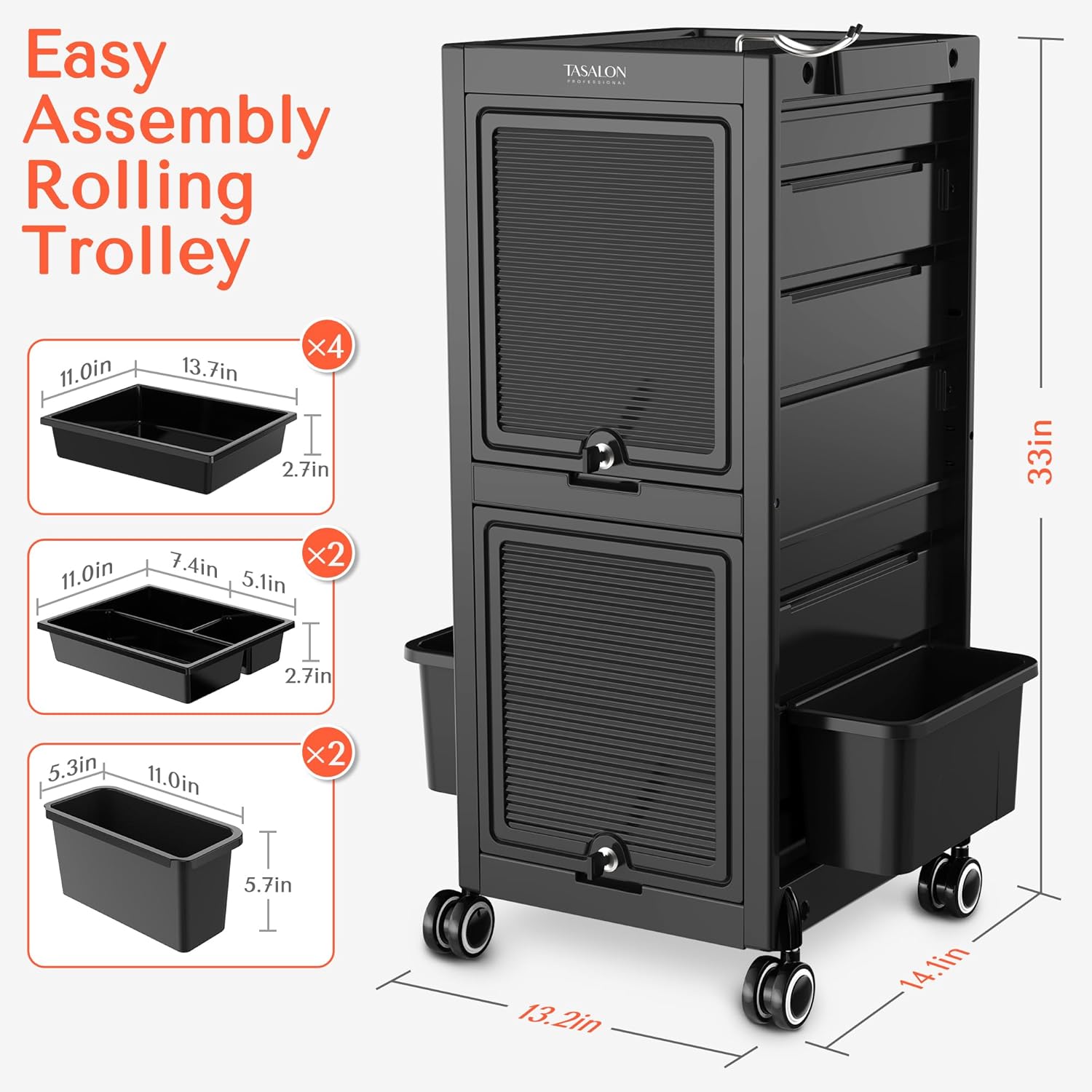 TASALON Premium Lockable Salon Trolley with Wheels, 6 Drawers & 2 Bucket