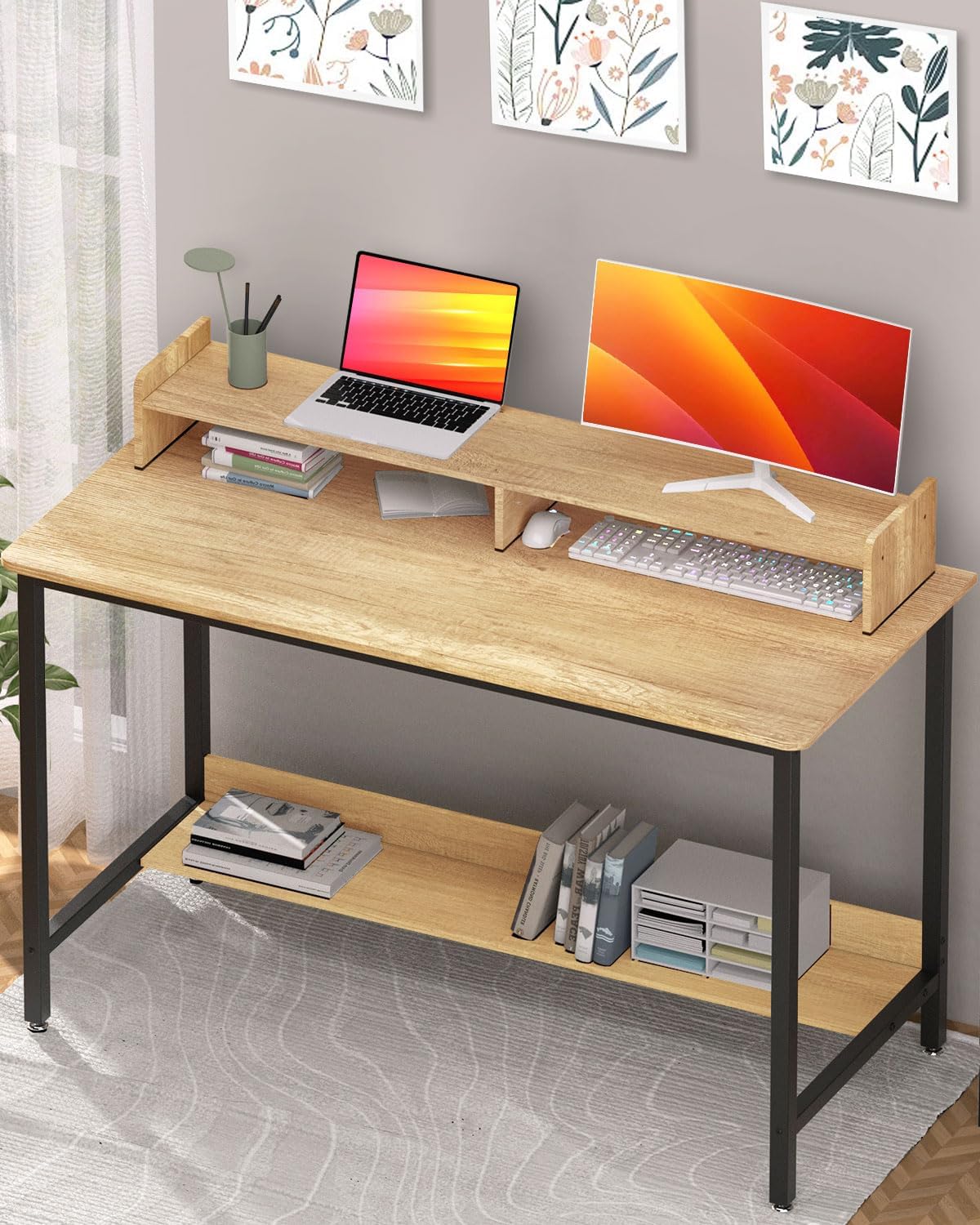 WOODYNLUX Computer Gaming Desk with Shelves, 43 Inch Writing Desk, Study PC Table Workstation