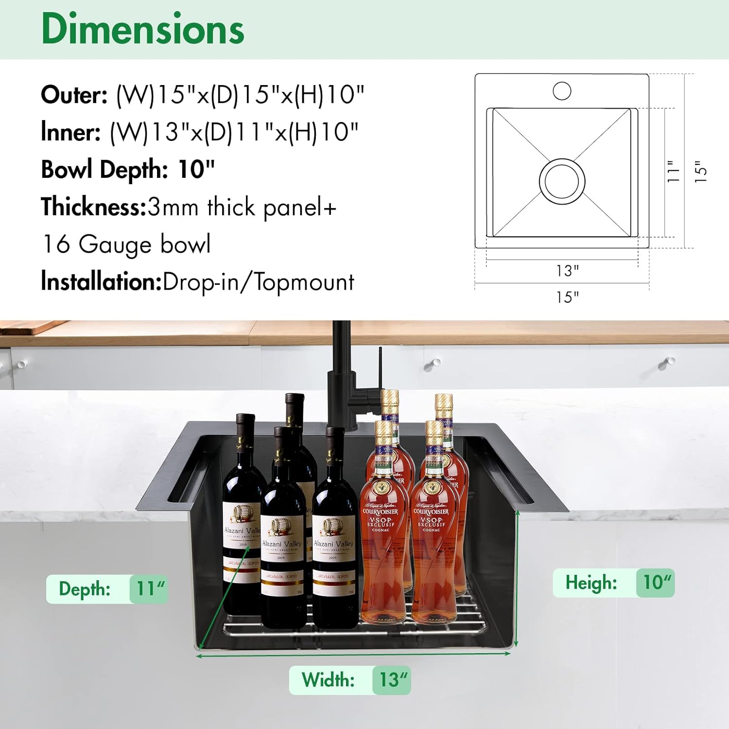 EcoChannels Small Bar Prep Sink Workstation or Kitchen Sink 15 x 15 x 10-inch 16 Gauge (Gunmetal Black)