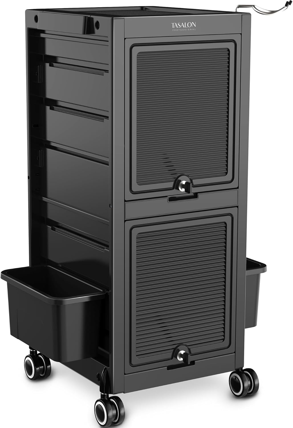 TASALON Premium Lockable Salon Trolley with Wheels, 6 Drawers & 2 Bucket