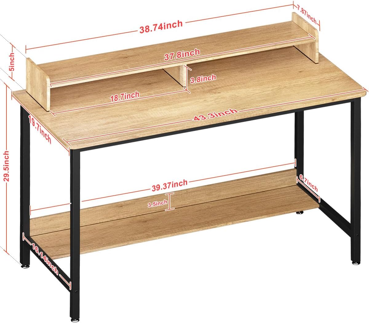 WOODYNLUX Computer Gaming Desk with Shelves, 43 Inch Writing Desk, Study PC Table Workstation