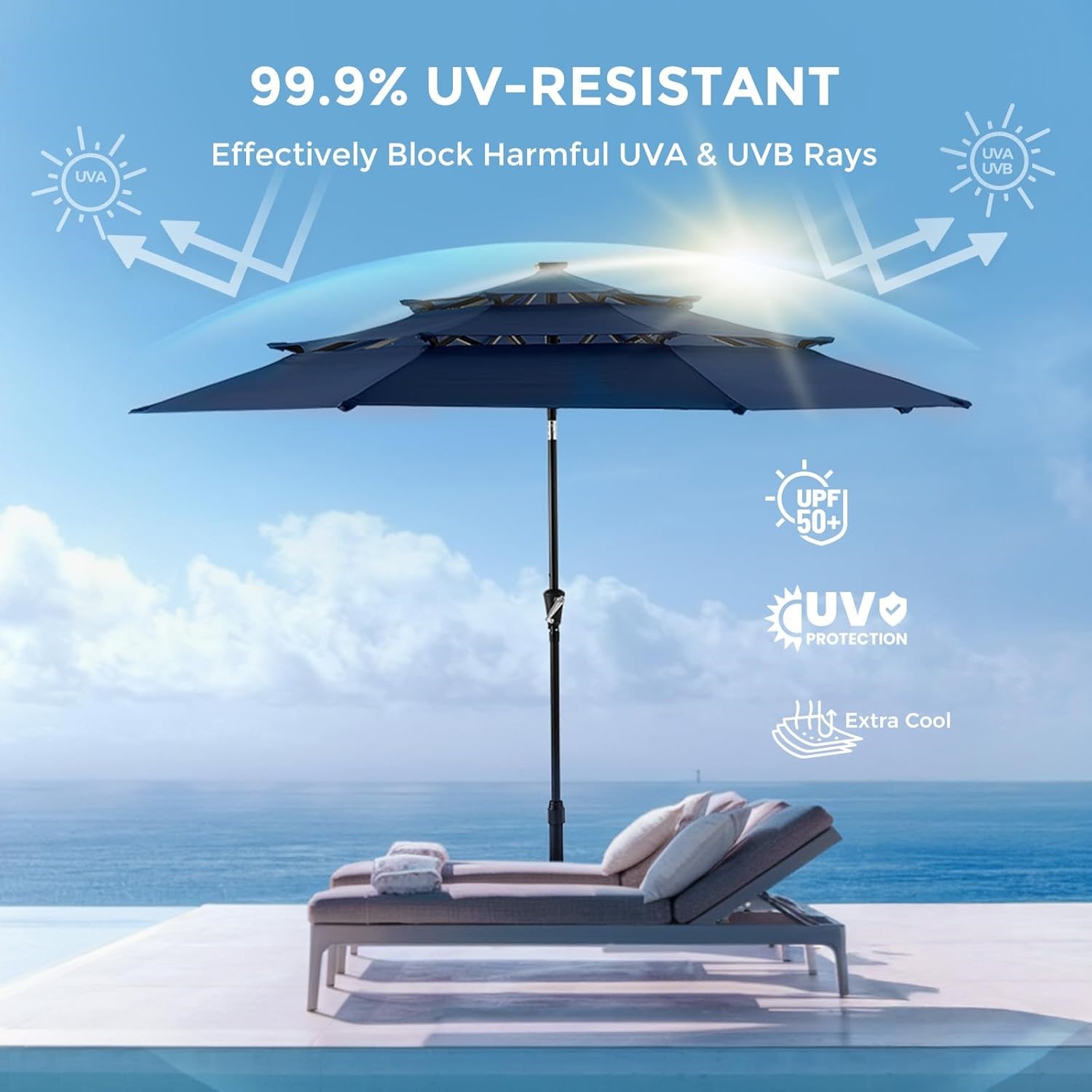 Homeshade 9FT 3-Tier Solar Patio Umbrella Heavy Duty, Vented (Navy Blue, No Base) (NEW IN THE BOX) 