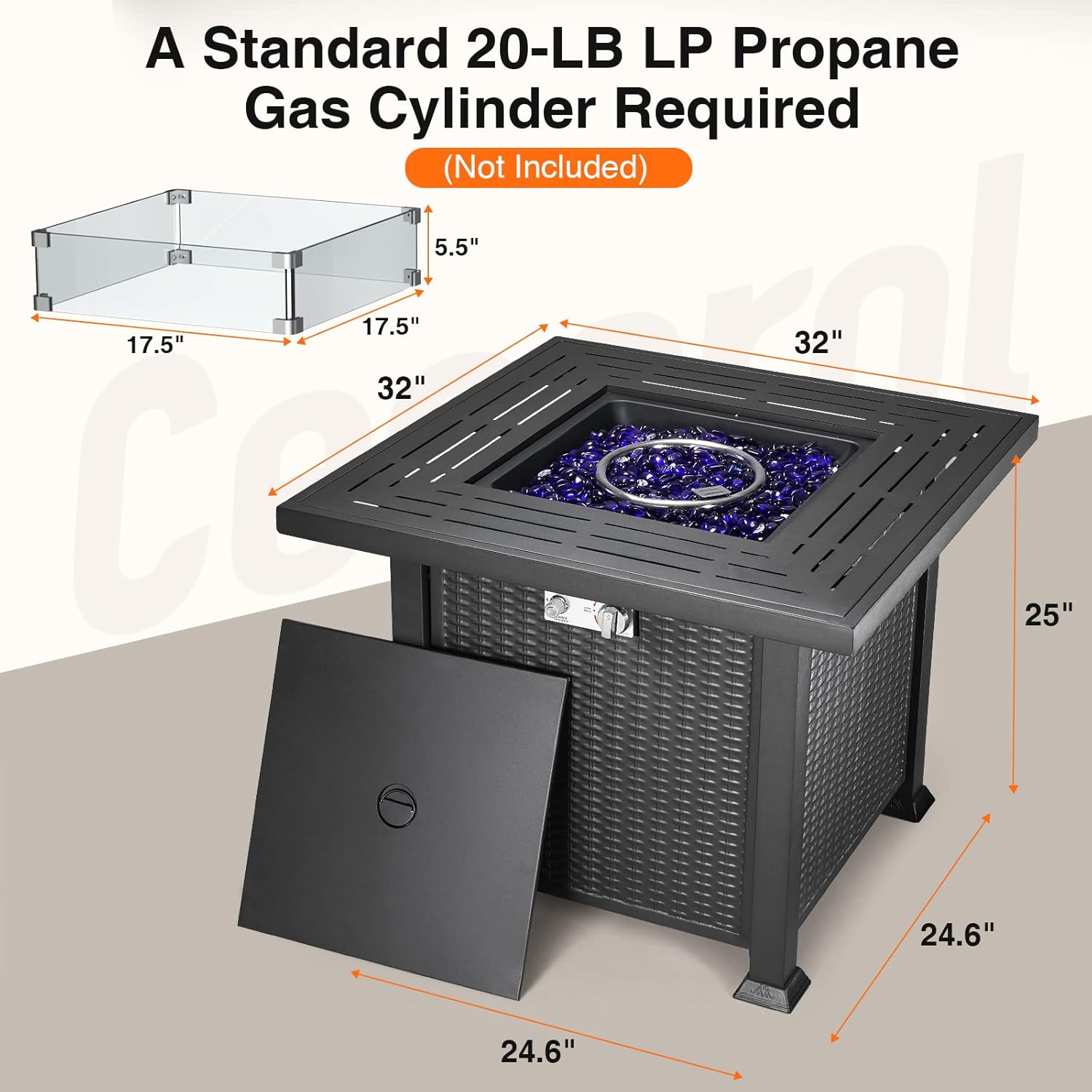Cecarol 32 in Outdoor Propane Gas Fire Pit Table Electronic Pulse Ignition, Glass Wind Guard