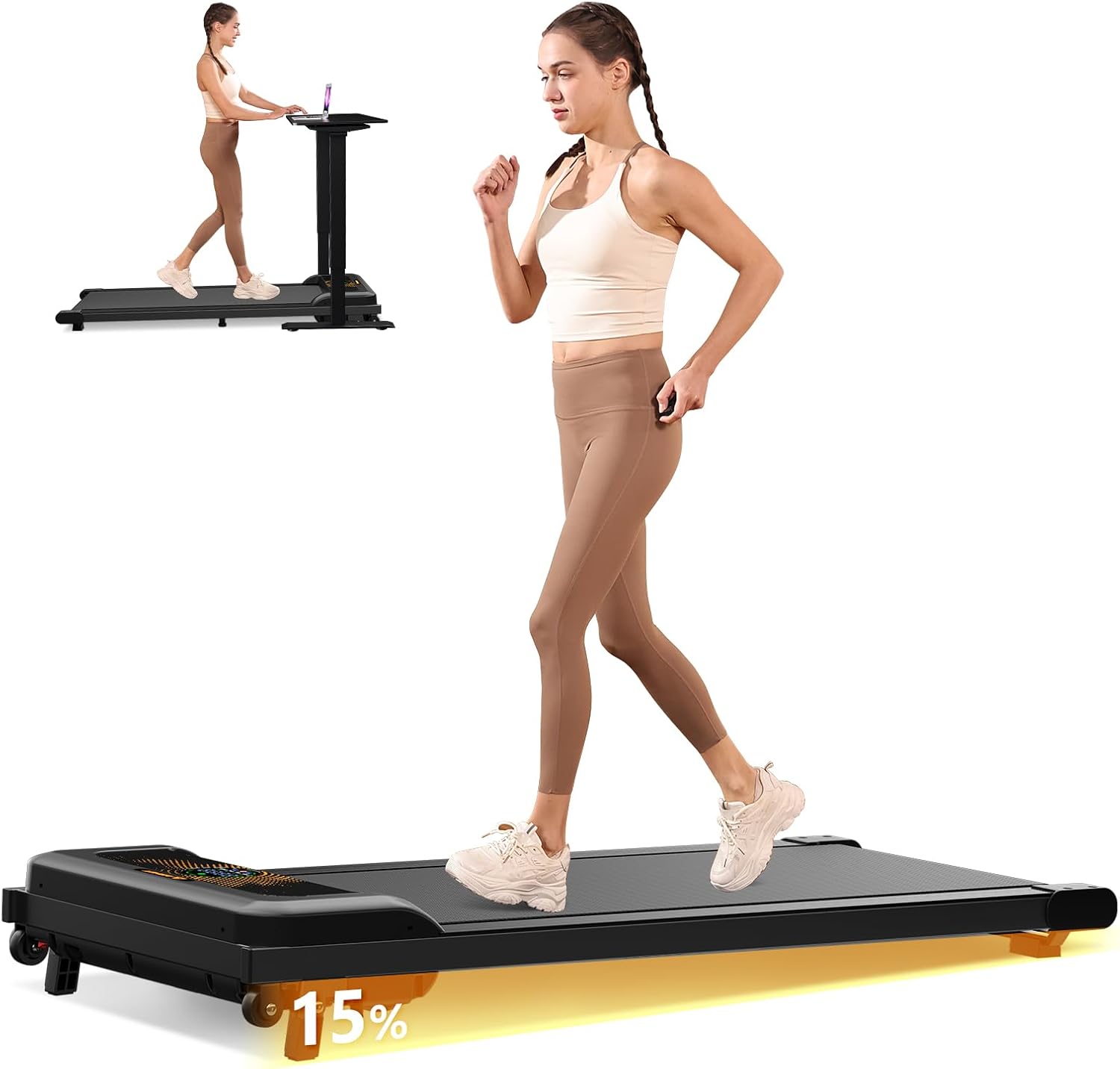 Airhot Under Desk Treadmill, Walking Pad W/ Incline 2.5HP Portable Treadmills 265LB Capacity