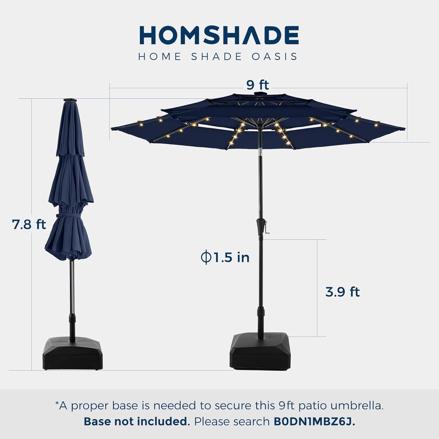Homeshade 9FT 3-Tier Solar Patio Umbrella Heavy Duty, Vented (Navy Blue, No Base) (NEW IN THE BOX) 