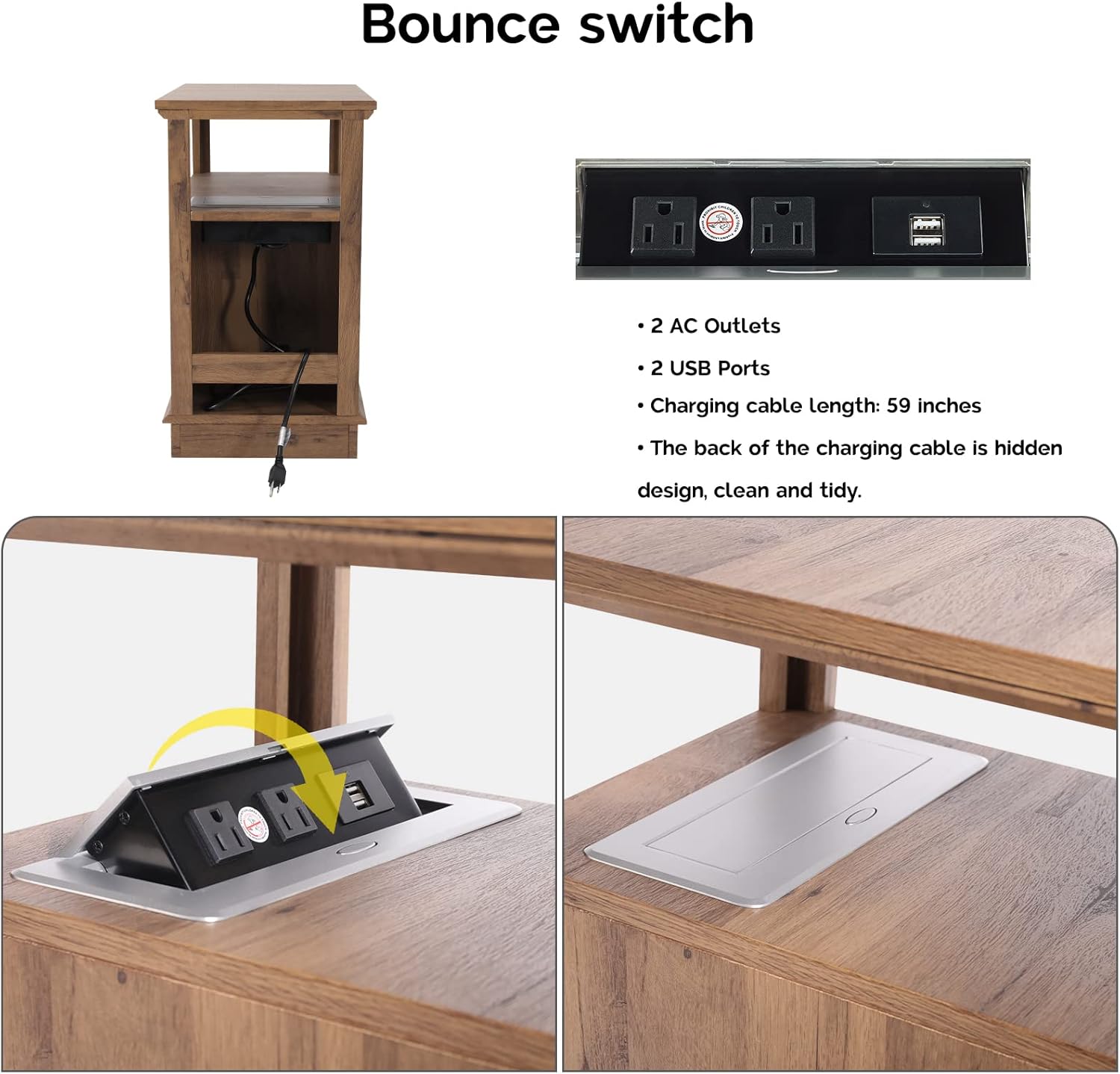 Zeanew End Table with Charging Station - Side Table Nightstand with 2 USB Ports and 2 Outlets