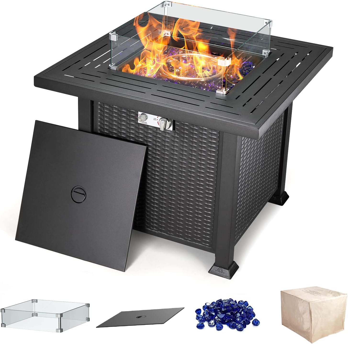 Cecarol 32 in Outdoor Propane Gas Fire Pit Table Electronic Pulse Ignition, Glass Wind Guard