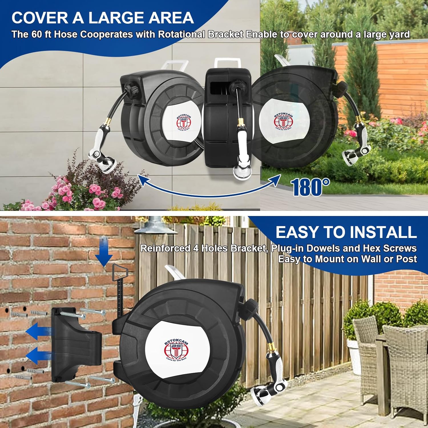 Retractable Garden Hose Reel by BSTOKCAM, 1/2" x 66ft Hybrid Rubber Hose, 10 Patterns Nozzle Included