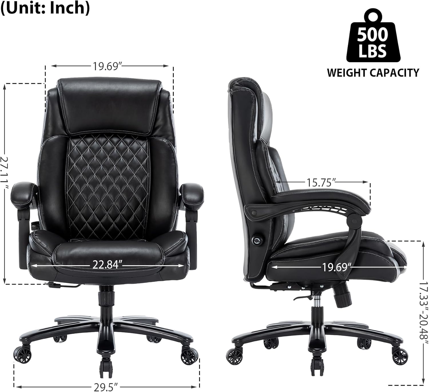 Hramk Big & Tall 500LBS Heavy Duty Executive Office Chair, Bonded Leather (Black)