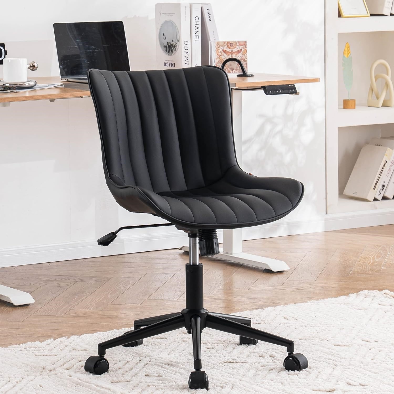 YOUNIKE Black Home Office Desk Chair Armless Leather Upholstered Swivel