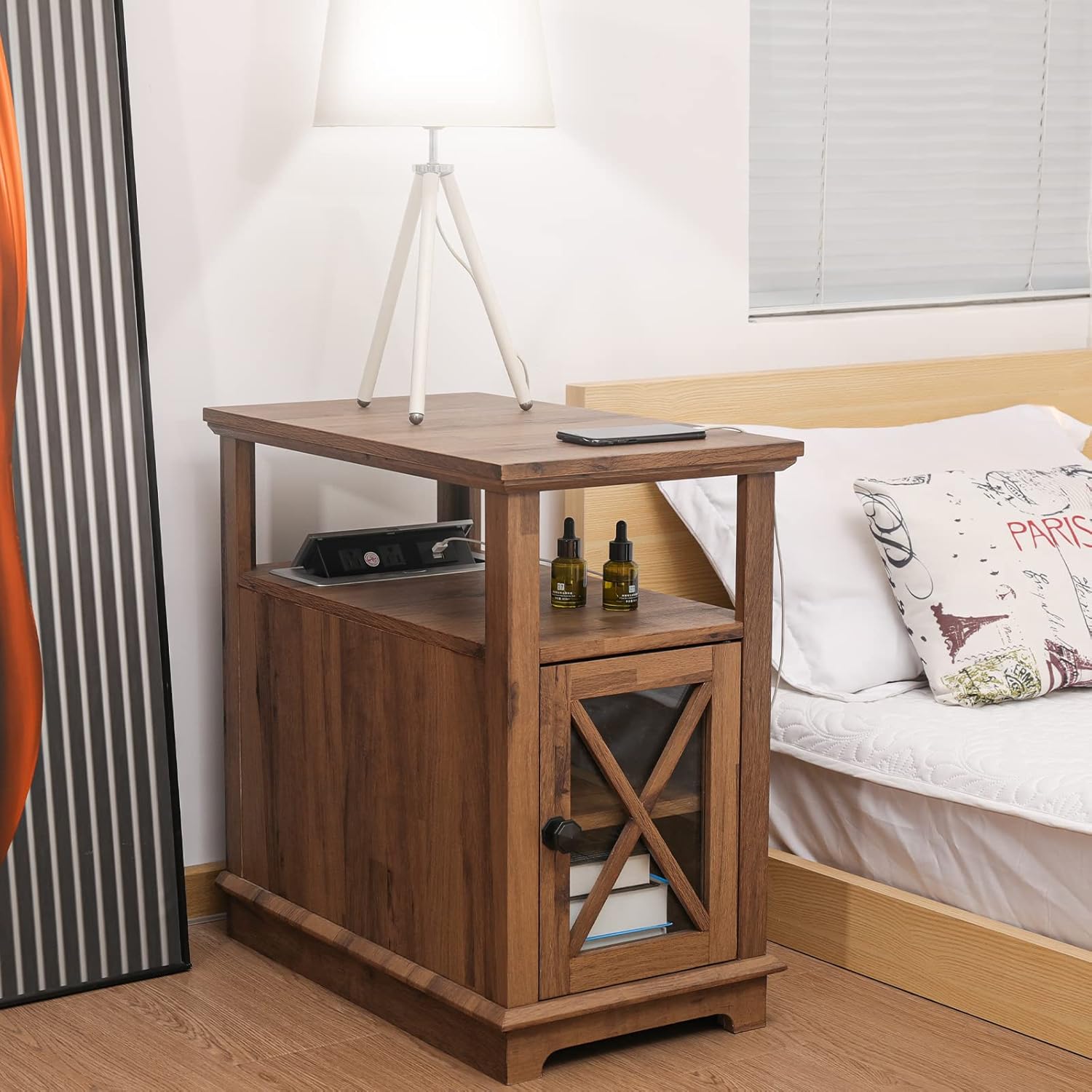 Zeanew End Table with Charging Station - Side Table Nightstand with 2 USB Ports and 2 Outlets