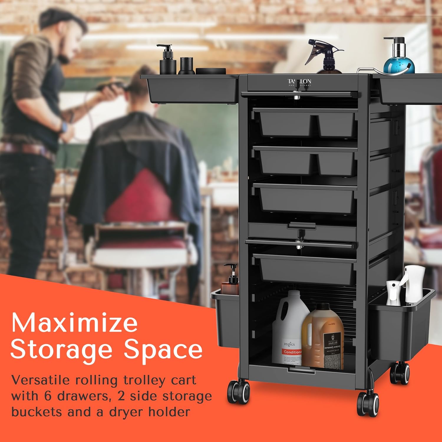 TASALON Premium Lockable Salon Trolley with Wheels, 6 Drawers & 2 Bucket