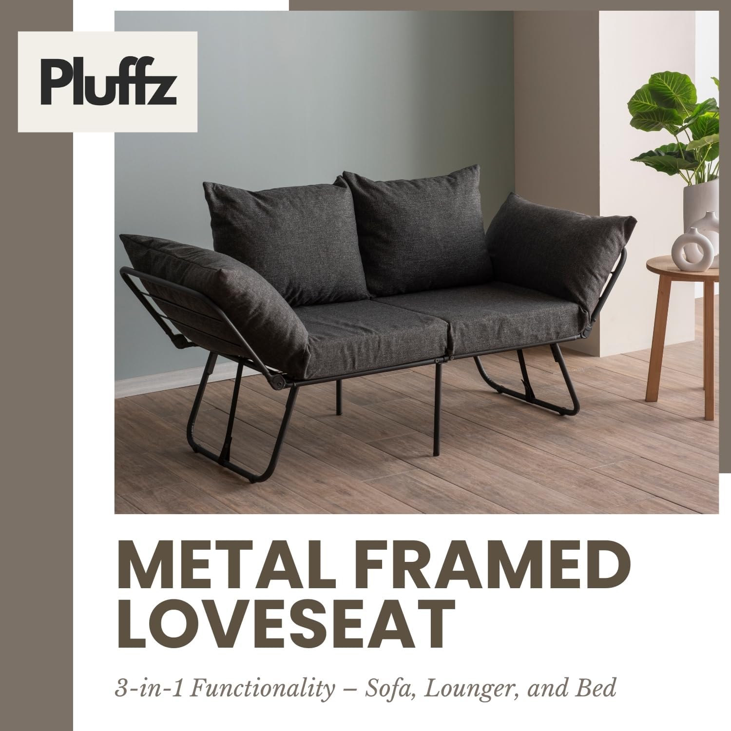 Pluffz Modern Folding Futon Sofa Bed Convertible Recliner Lounge, Adjustable Armrests
