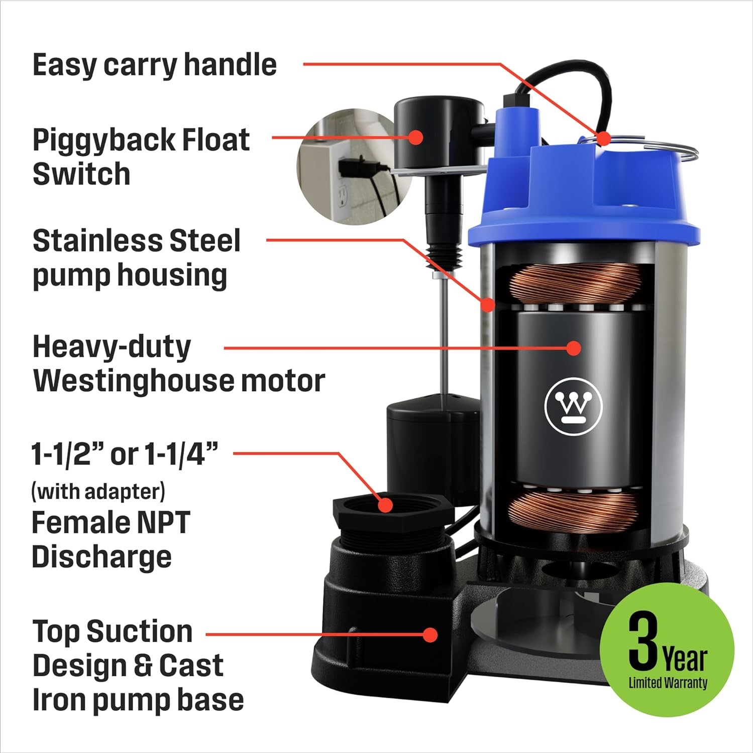 Westinghouse - 3/4 HP Automatic Submersible Sump Pump with Integrated Vertical Float Switch, Pumps 6000 Gallons Per Hour