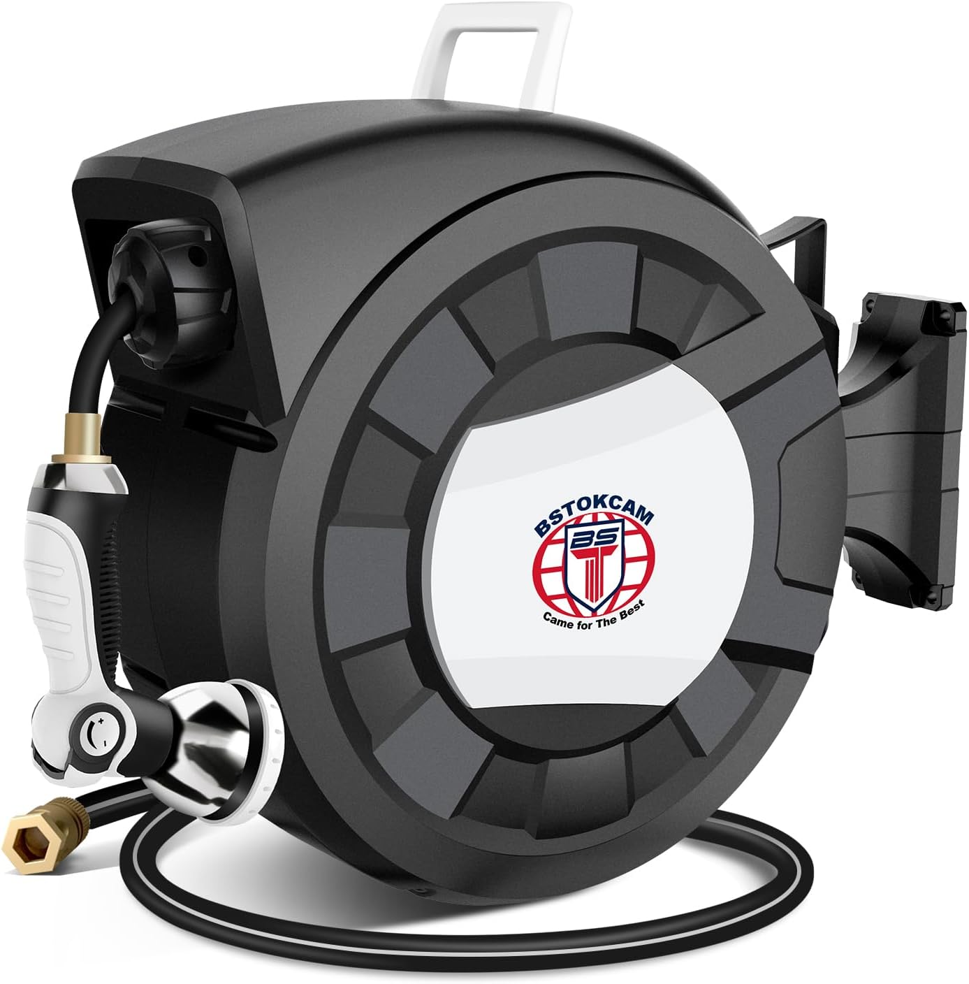 Retractable Garden Hose Reel by BSTOKCAM, 1/2" x 66ft Hybrid Rubber Hose, 10 Patterns Nozzle Included
