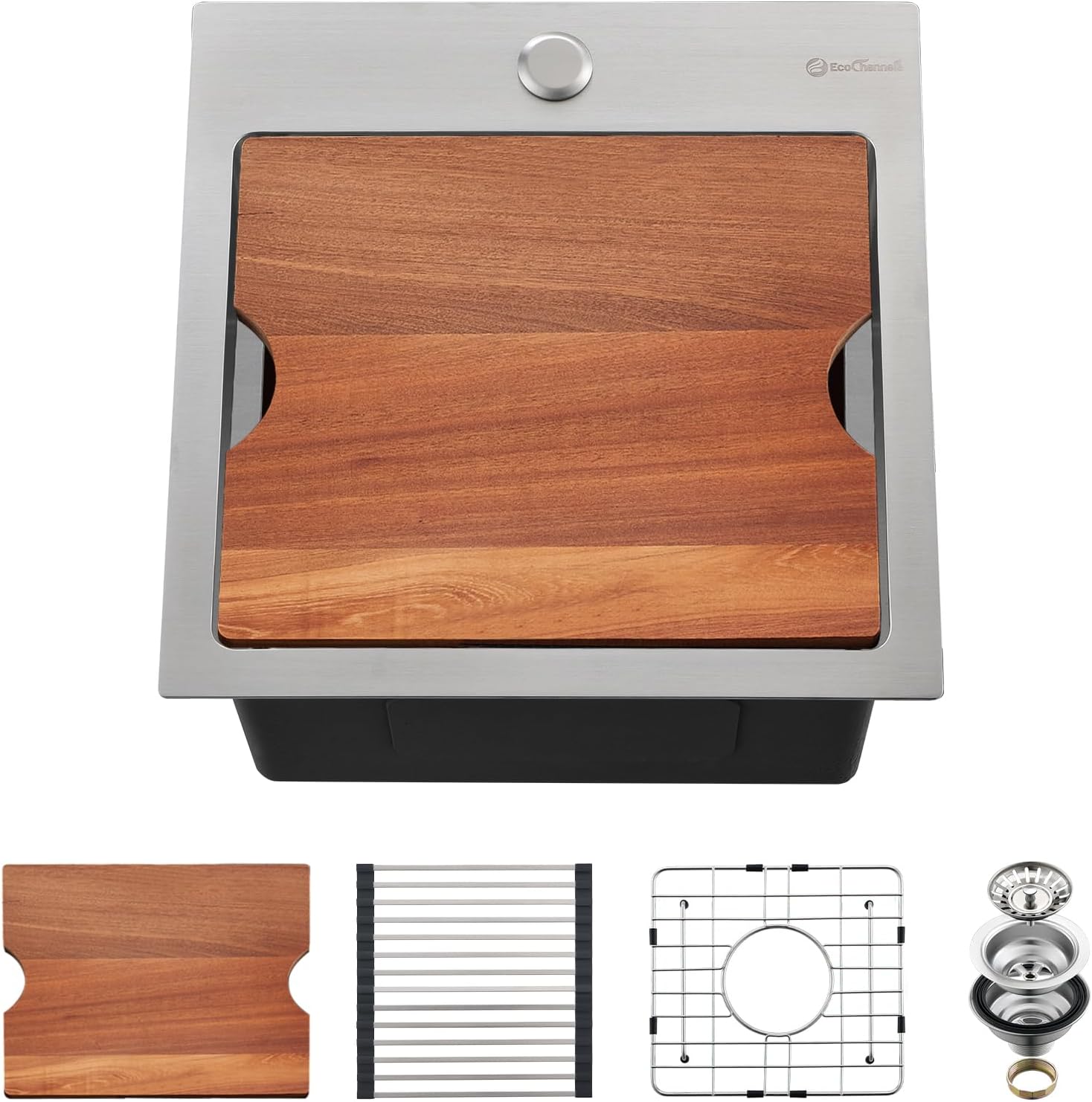 EcoChannels Small Bar Prep Sink or Kitchen Sink Workstation with Cutting Board 15 x 15 x 10-inch 16 Gauge (Stainless Steel)