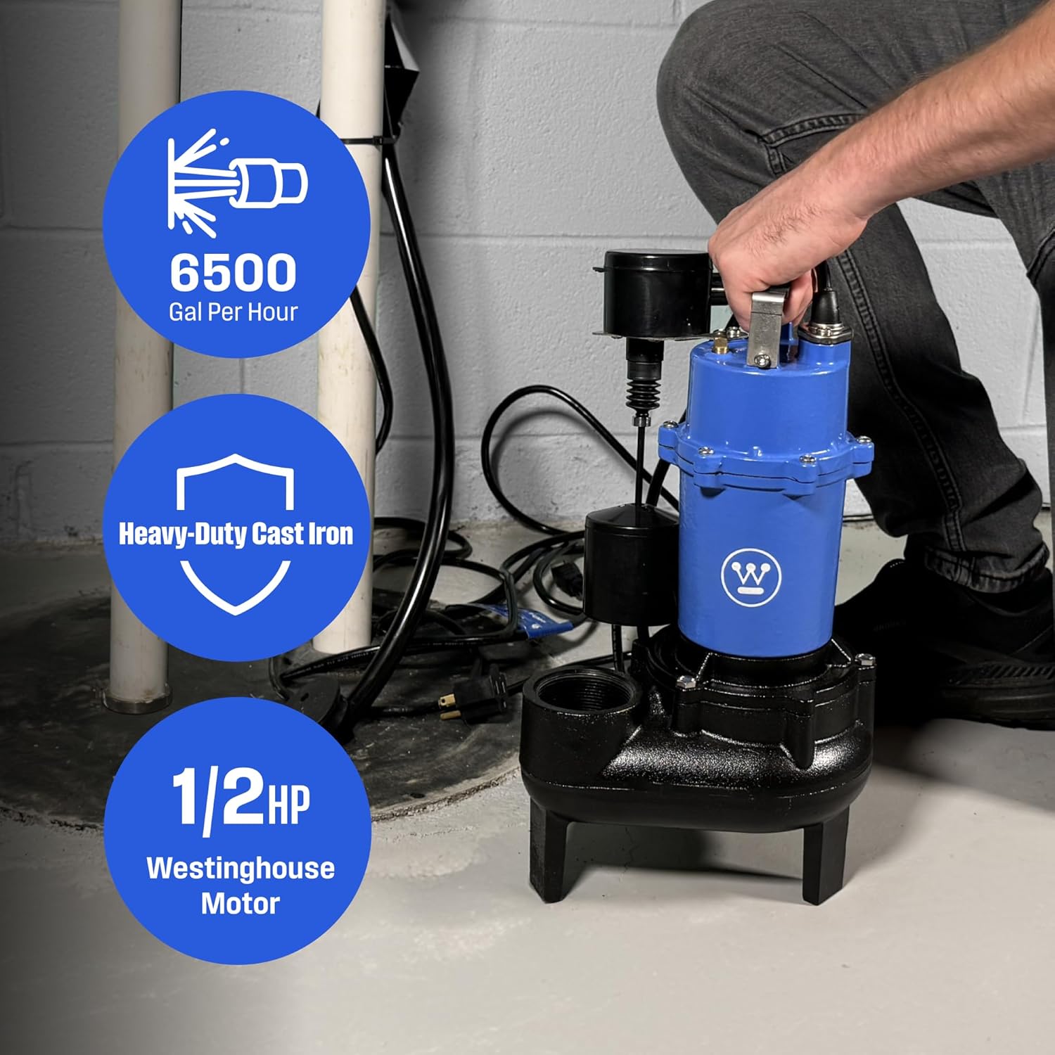 Westinghouse 1/2 HP Submersible Sewage Sump Pump with Vertical Float Switch, Cast Iron, 6500 GPH