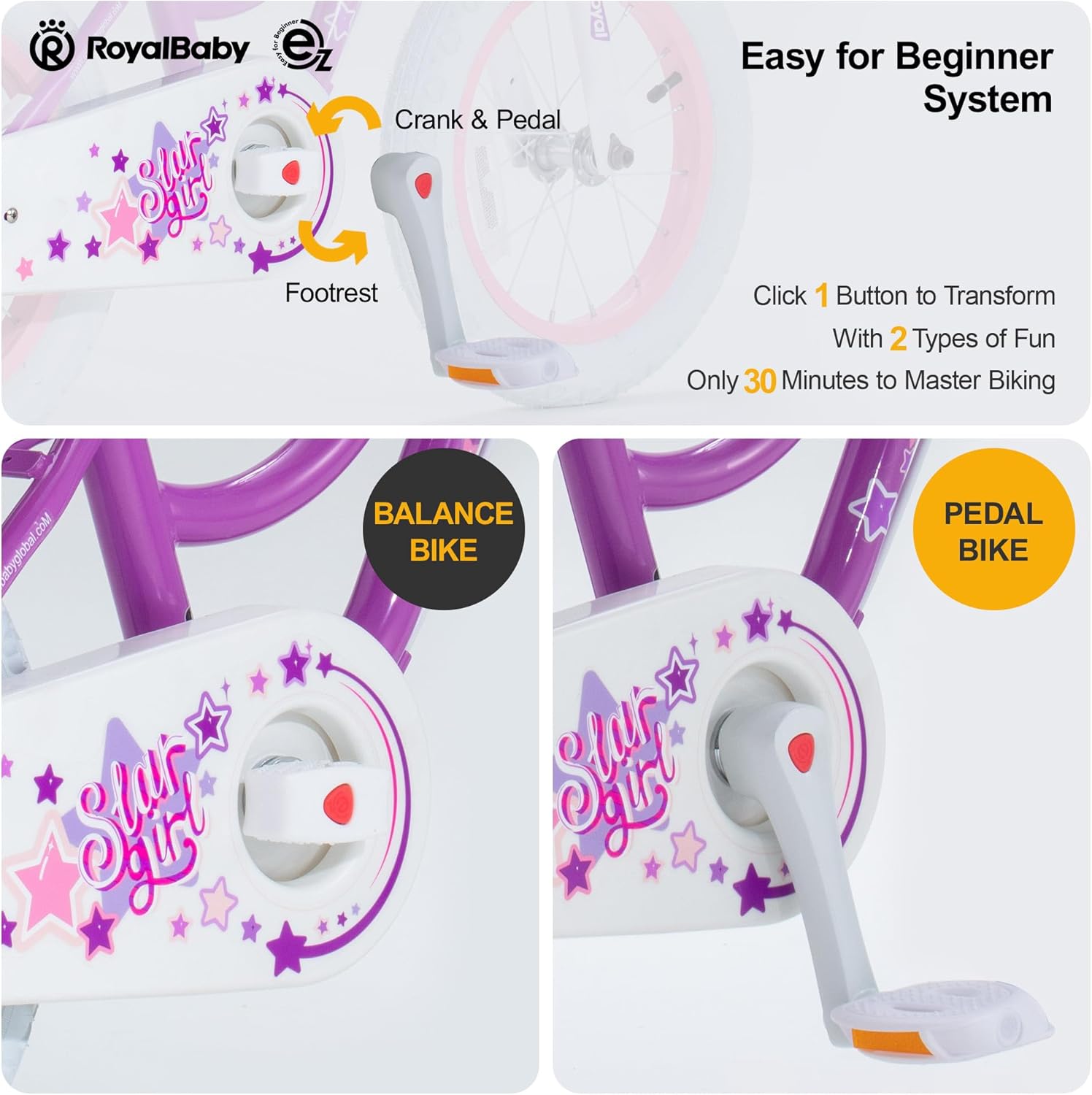 RoyalBaby Girls EZ Bike Stargirl Training Balance to Pedal Easy Learning Bicycle 16 in