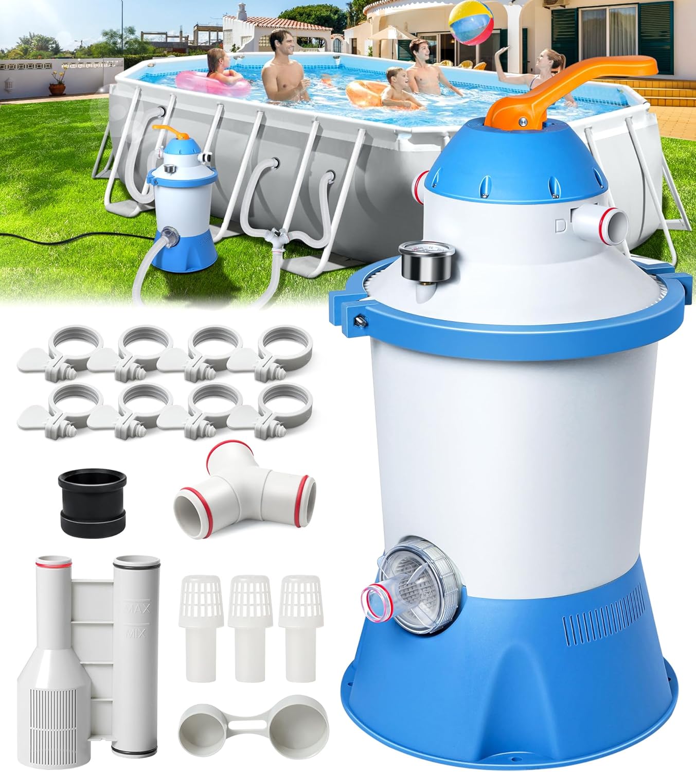 KimFilter 1000 GPH Pool Sand Filter Pump for Above Ground Pools, Pool Sand Pump with Timer